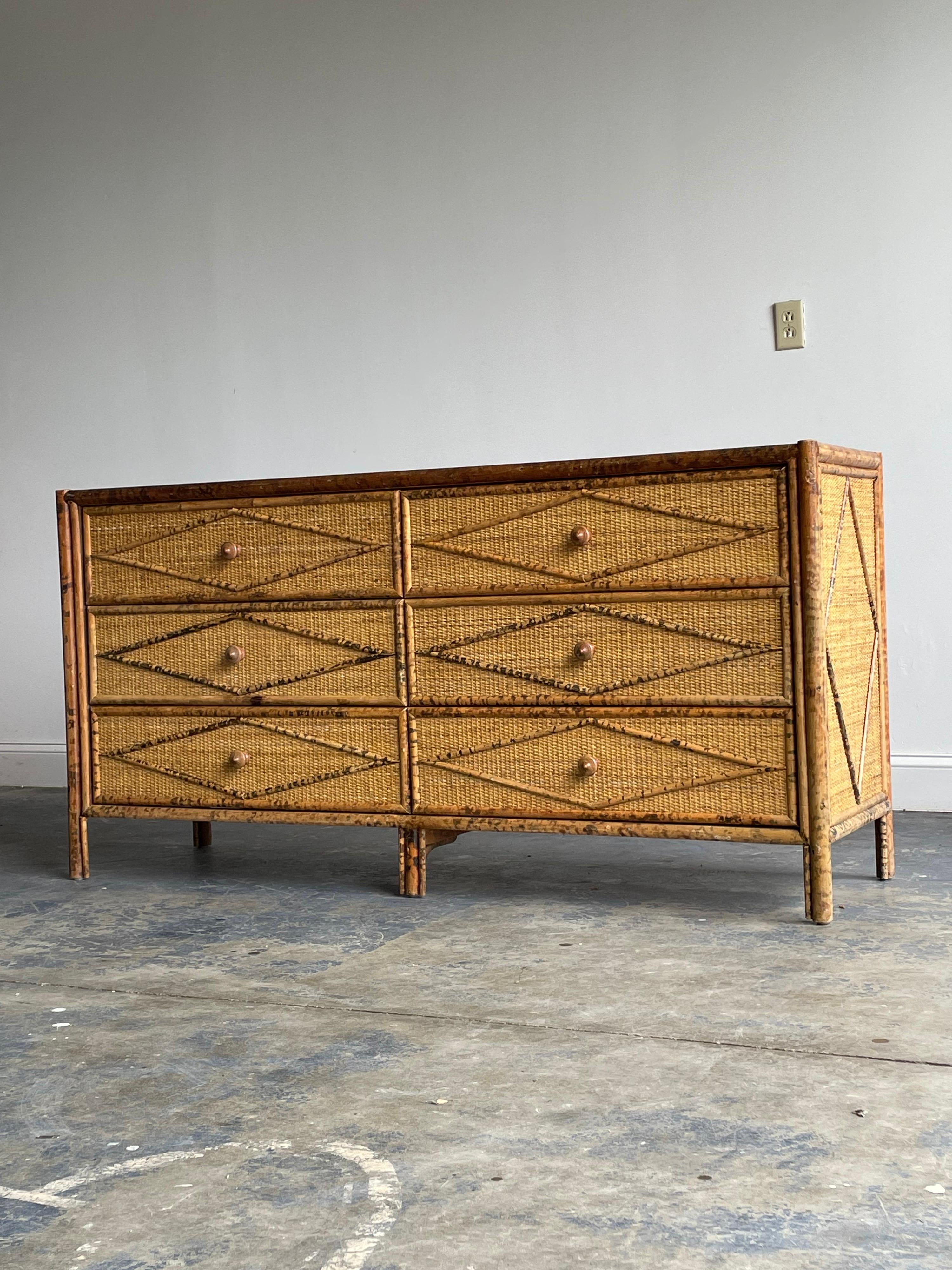 Late 20th Century British Colonial Style Bamboo and Rattan Dresser