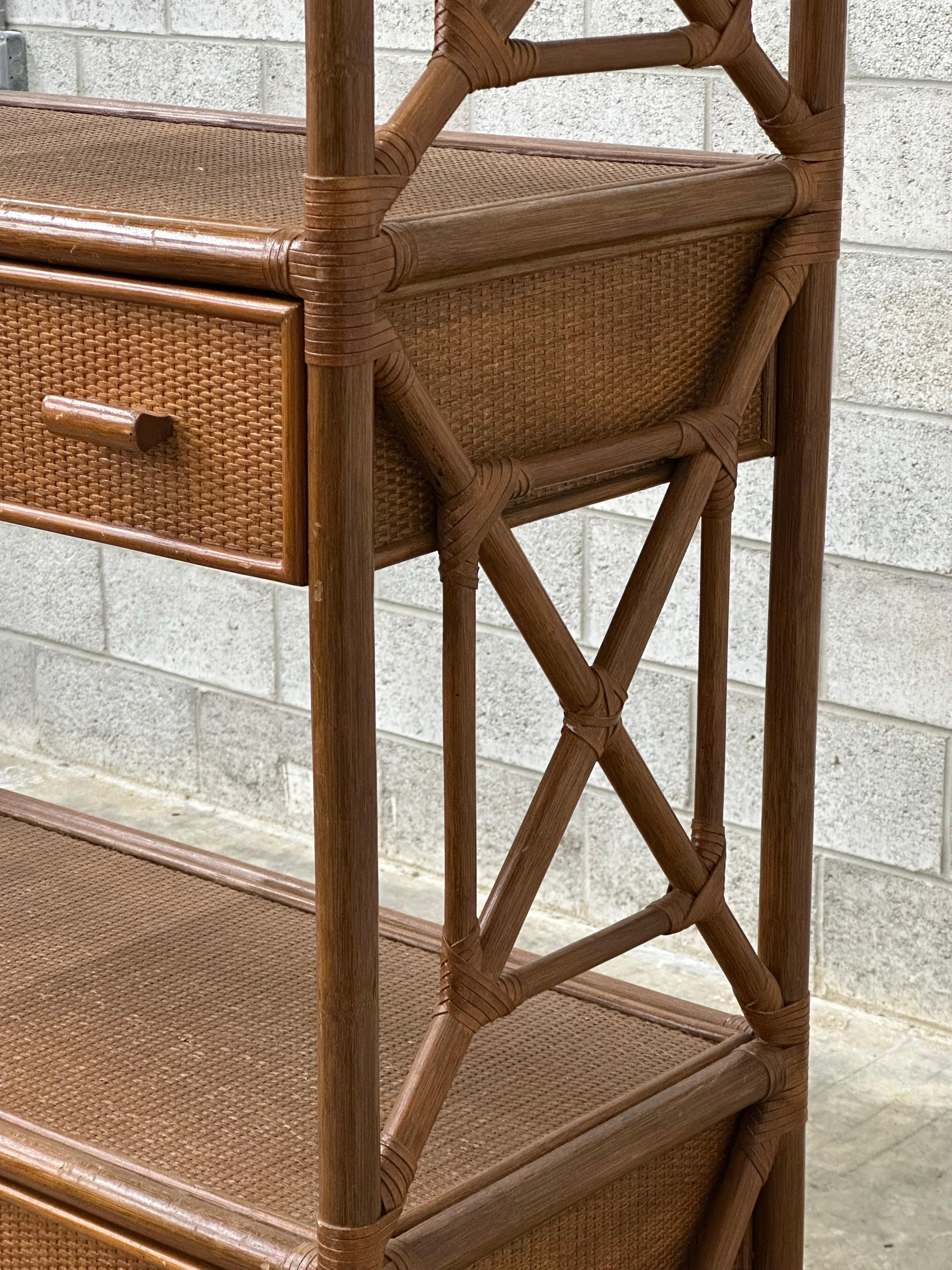 Philippine British Colonial Style Bamboo, Cane, and Rattan Freestanding Shelf/ Etagere For Sale