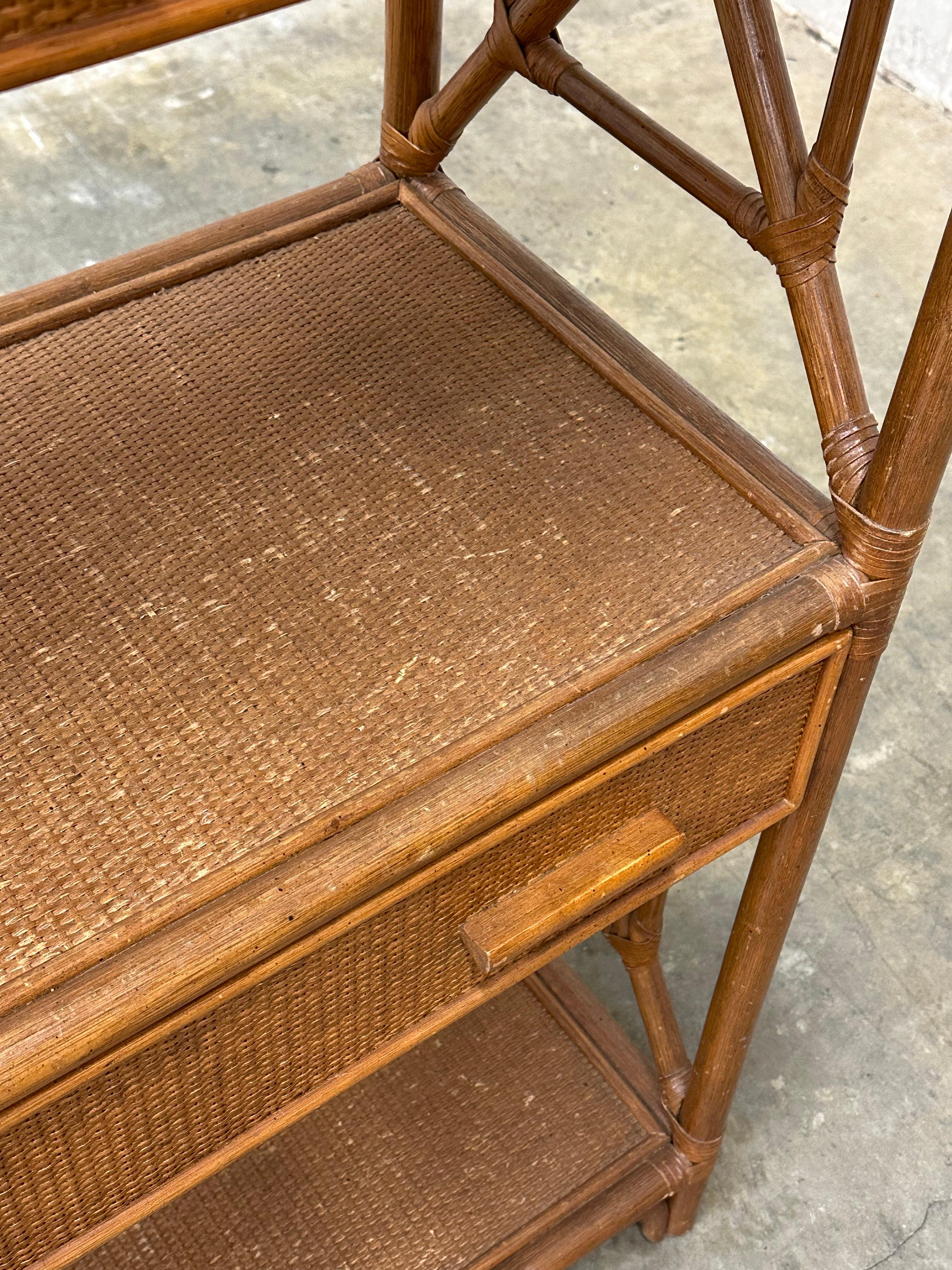 Late 20th Century British Colonial Style Bamboo, Cane, and Rattan Freestanding Shelf/ Etagere For Sale