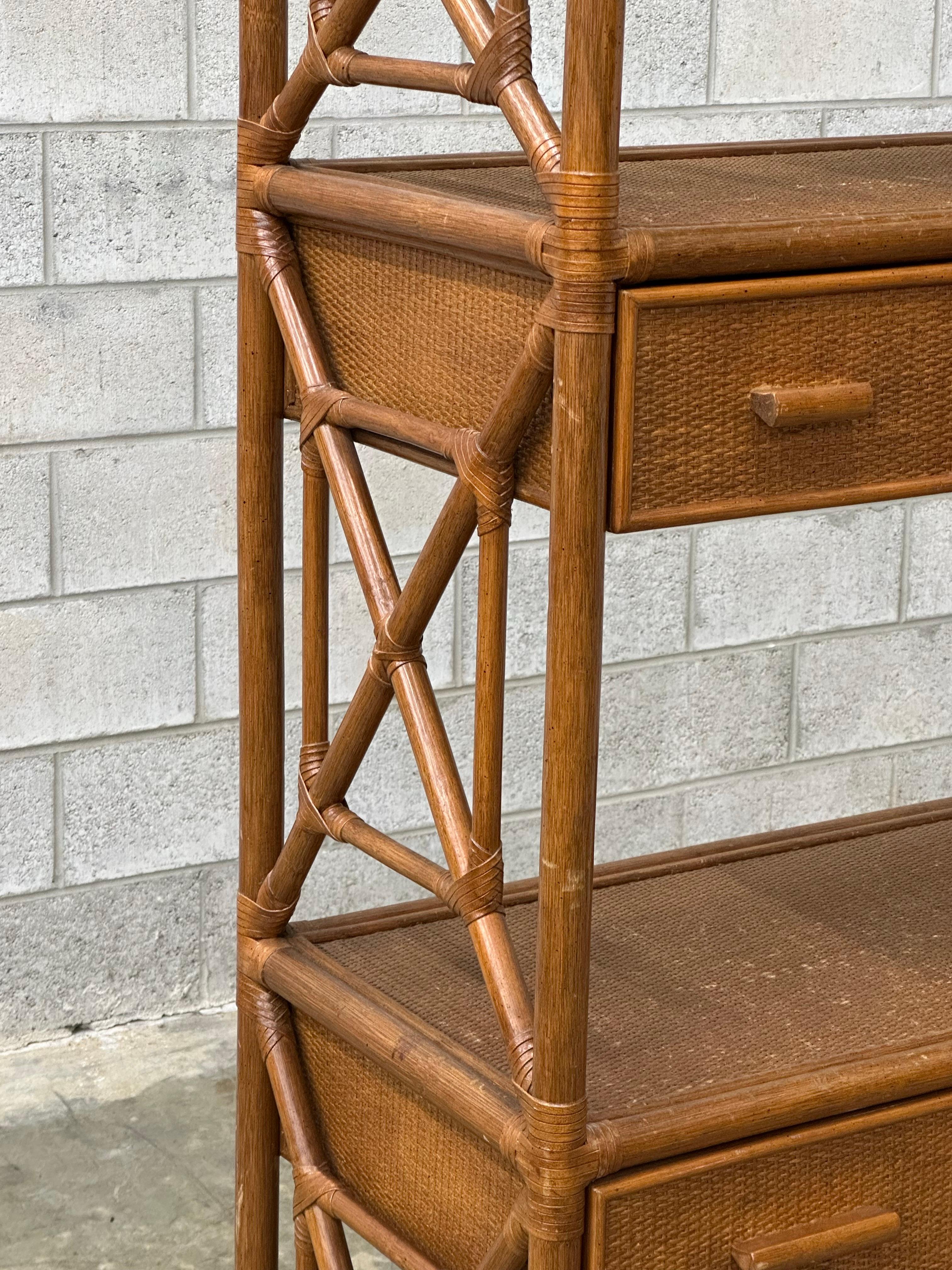 British Colonial Style Bamboo, Cane, and Rattan Freestanding Shelf/ Etagere For Sale 1