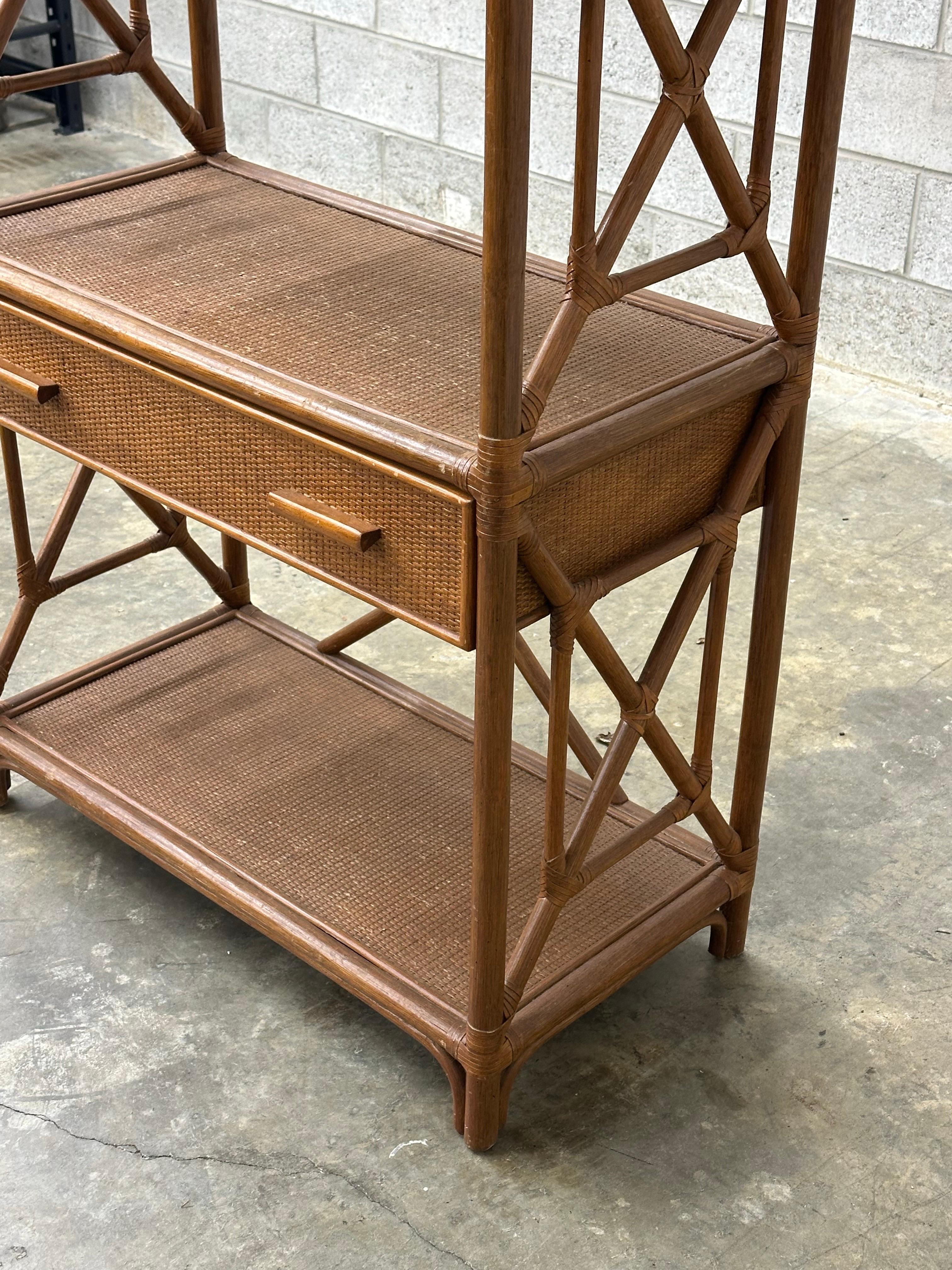 British Colonial Style Bamboo, Cane, and Rattan Freestanding Shelf/ Etagere For Sale 2