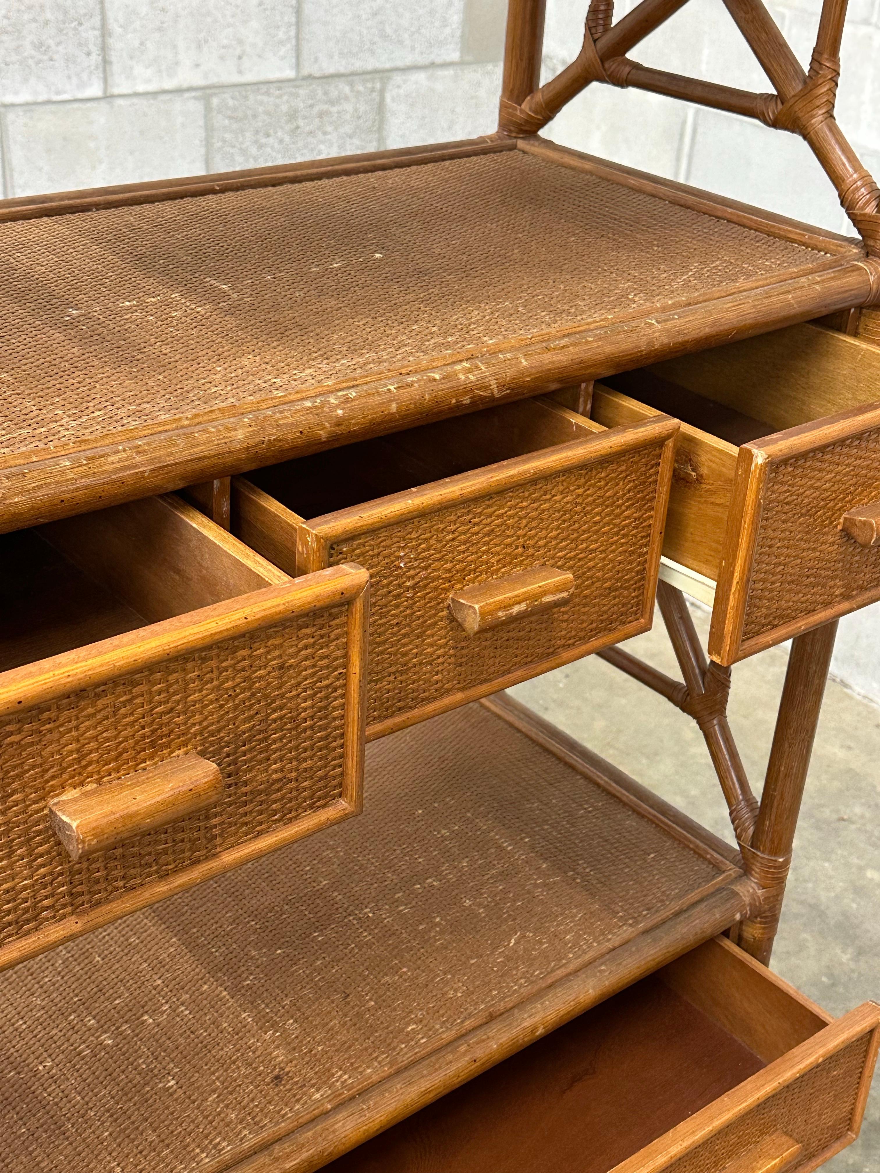 British Colonial Style Bamboo, Cane, and Rattan Freestanding Shelf/ Etagere For Sale 4