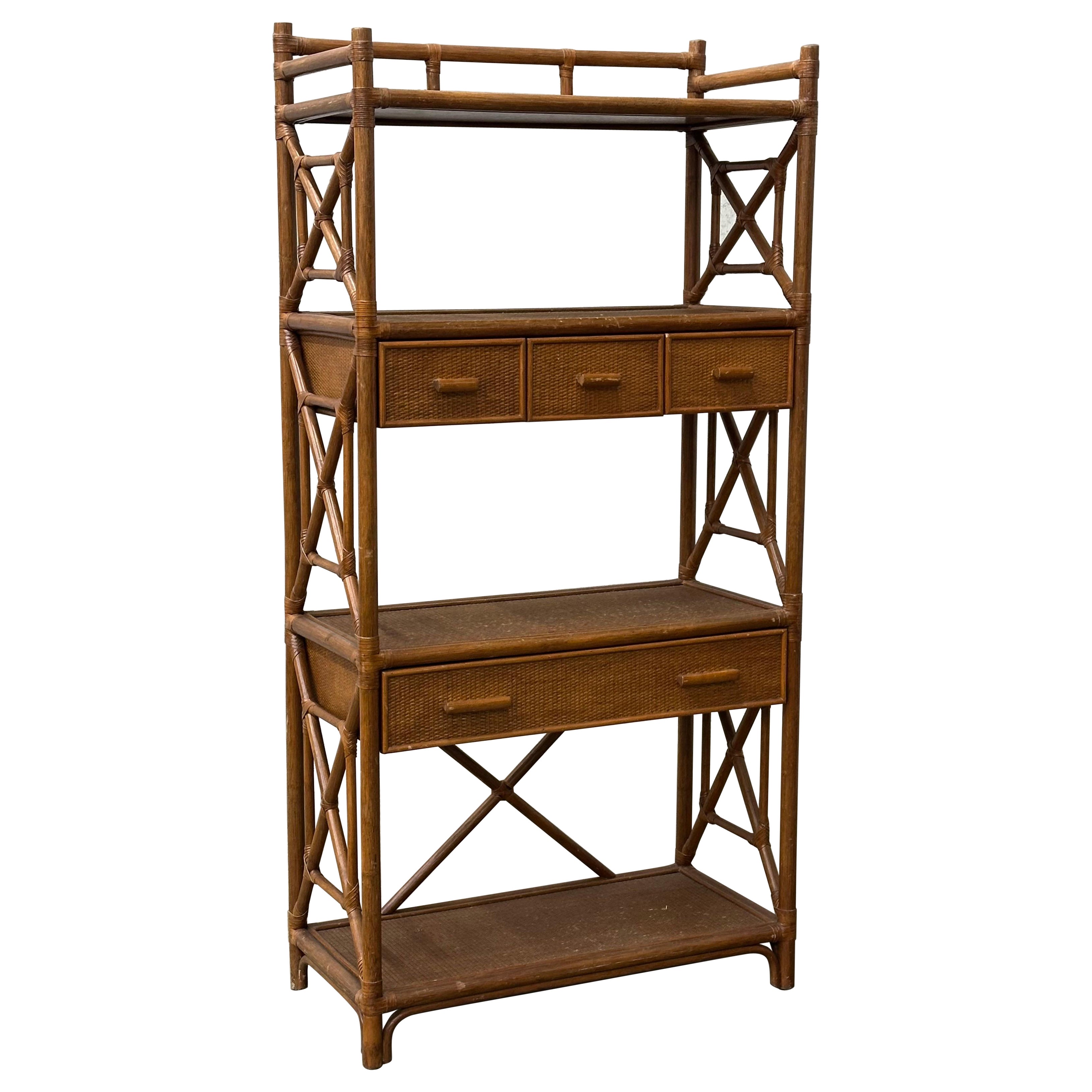 British Colonial Style Bamboo, Cane, and Rattan Freestanding Shelf/ Etagere