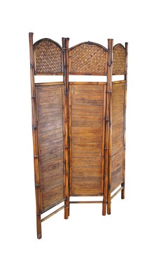 British Colonial Style Bamboo & Rattan 3 Panel Room Divider Screen Boho Chic