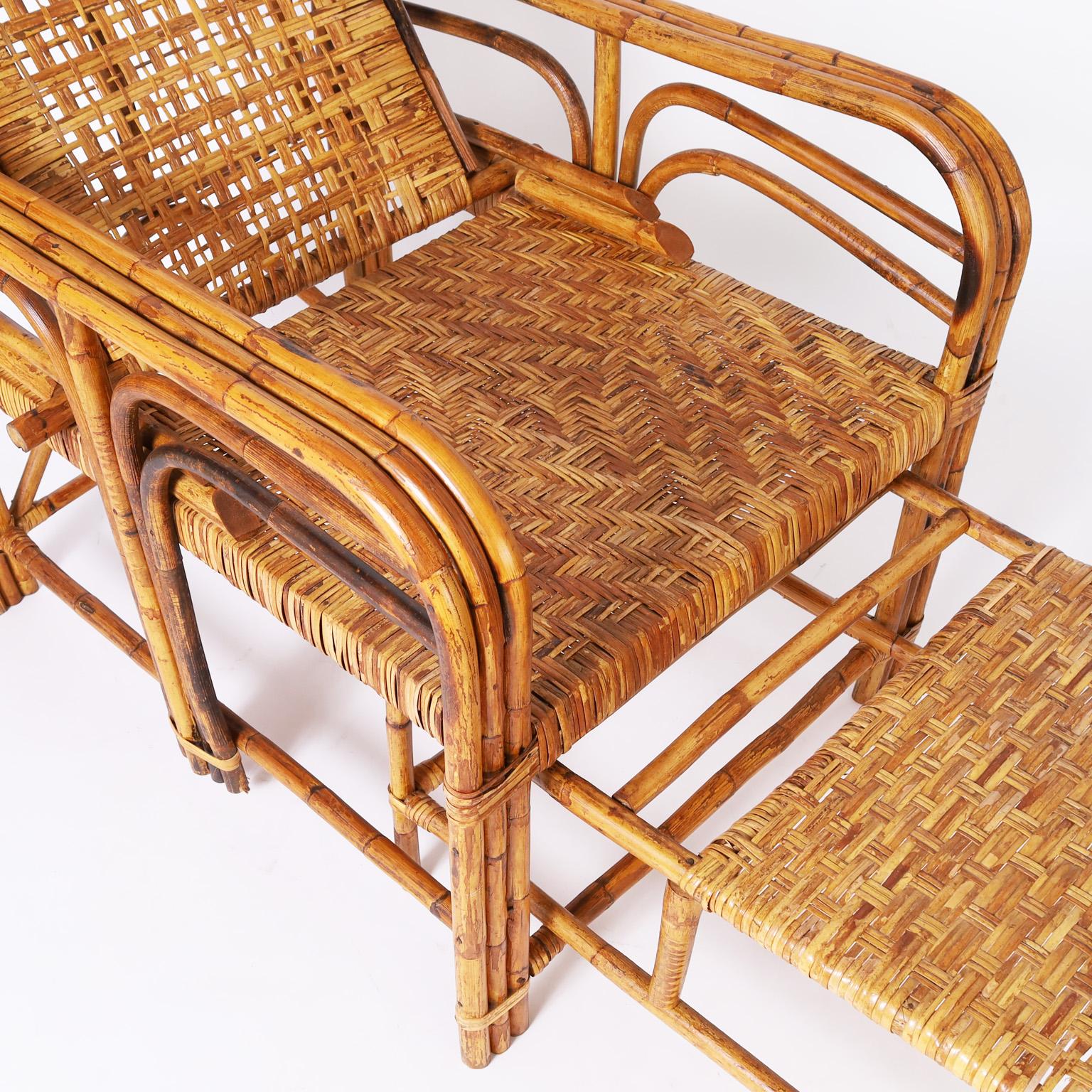 British Colonial Style Bamboo Recliner Chair with Ottoman In Good Condition For Sale In Palm Beach, FL