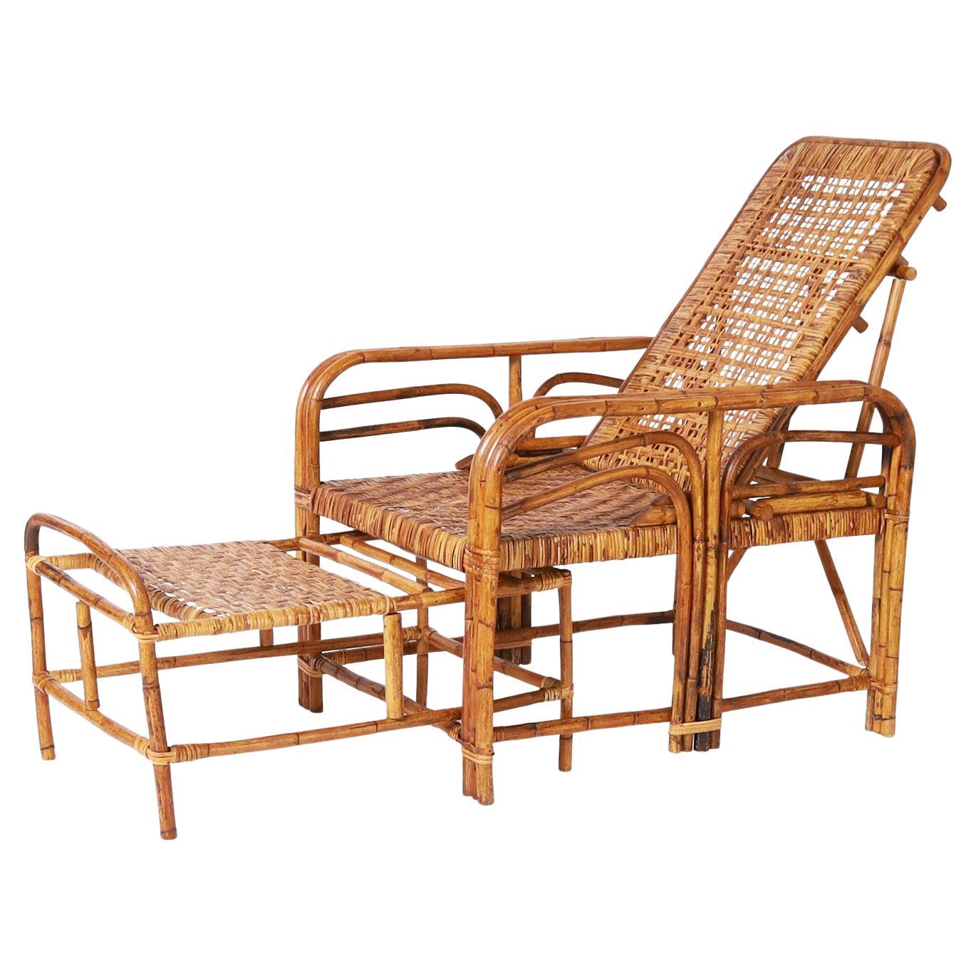 British Colonial Style Bamboo Recliner Chair with Ottoman