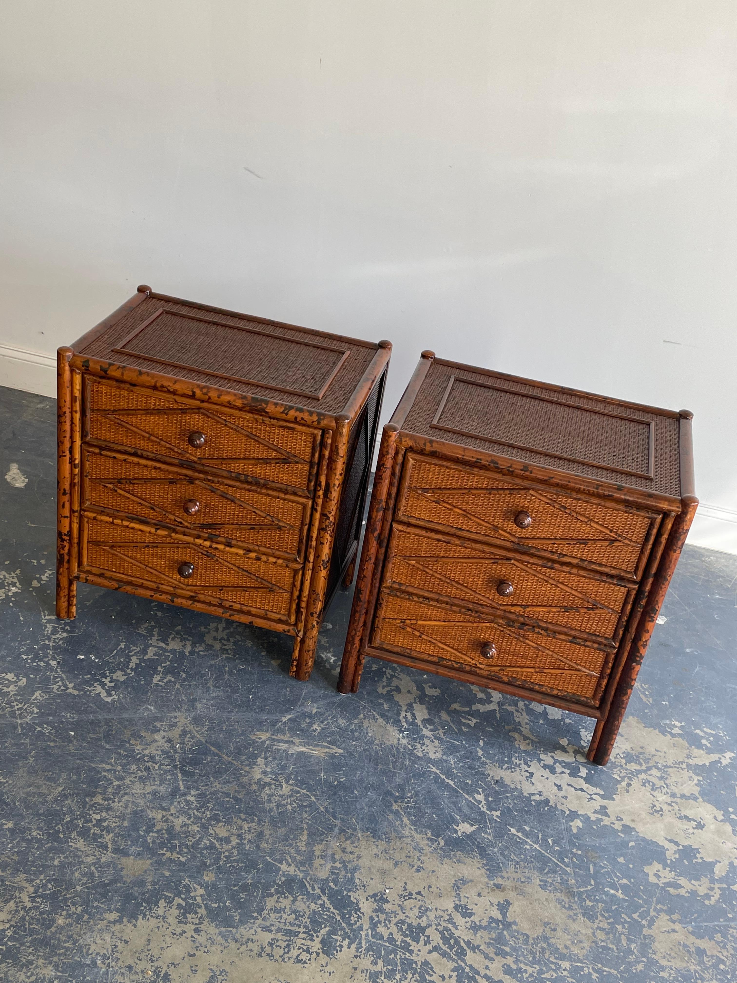 British Colonial Style Bedside Chests/ Nightstands in Bamboo and Cane, A Pair 8