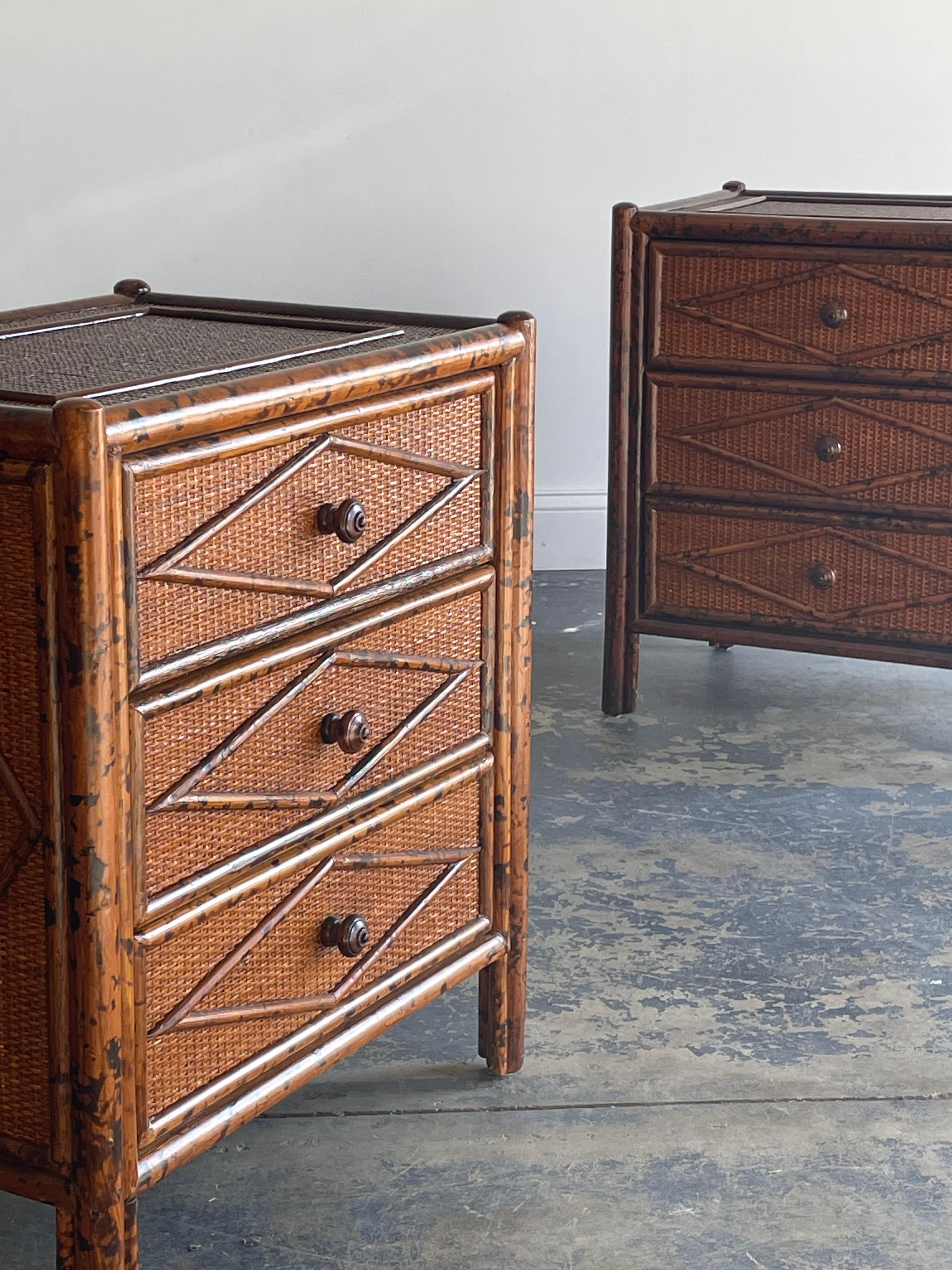 British Colonial Style Bedside Chests/ Nightstands in Bamboo and Cane, A Pair 2