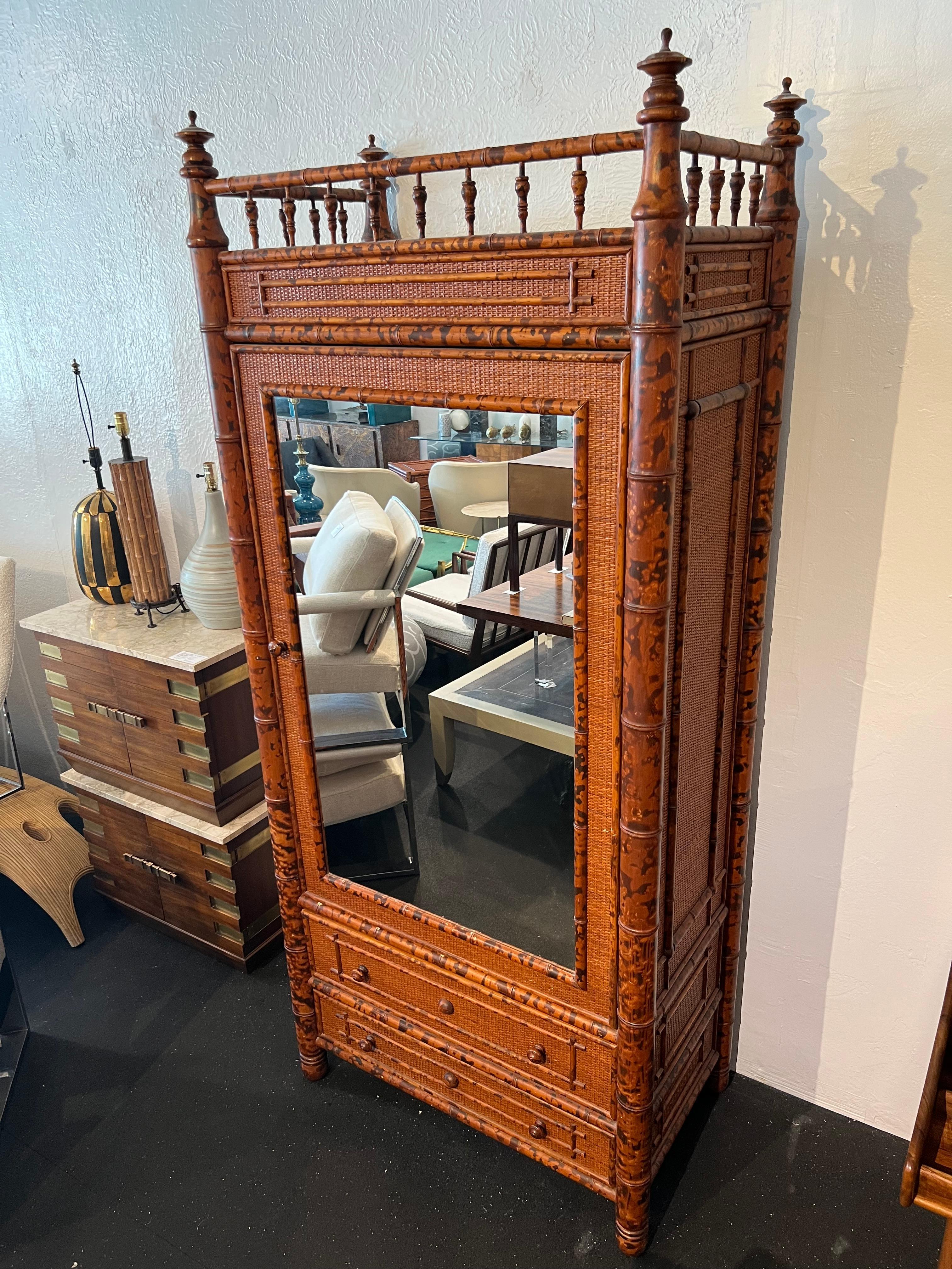 British Colonial Style Burnt Bamboo and Cane Armoire For Sale 2