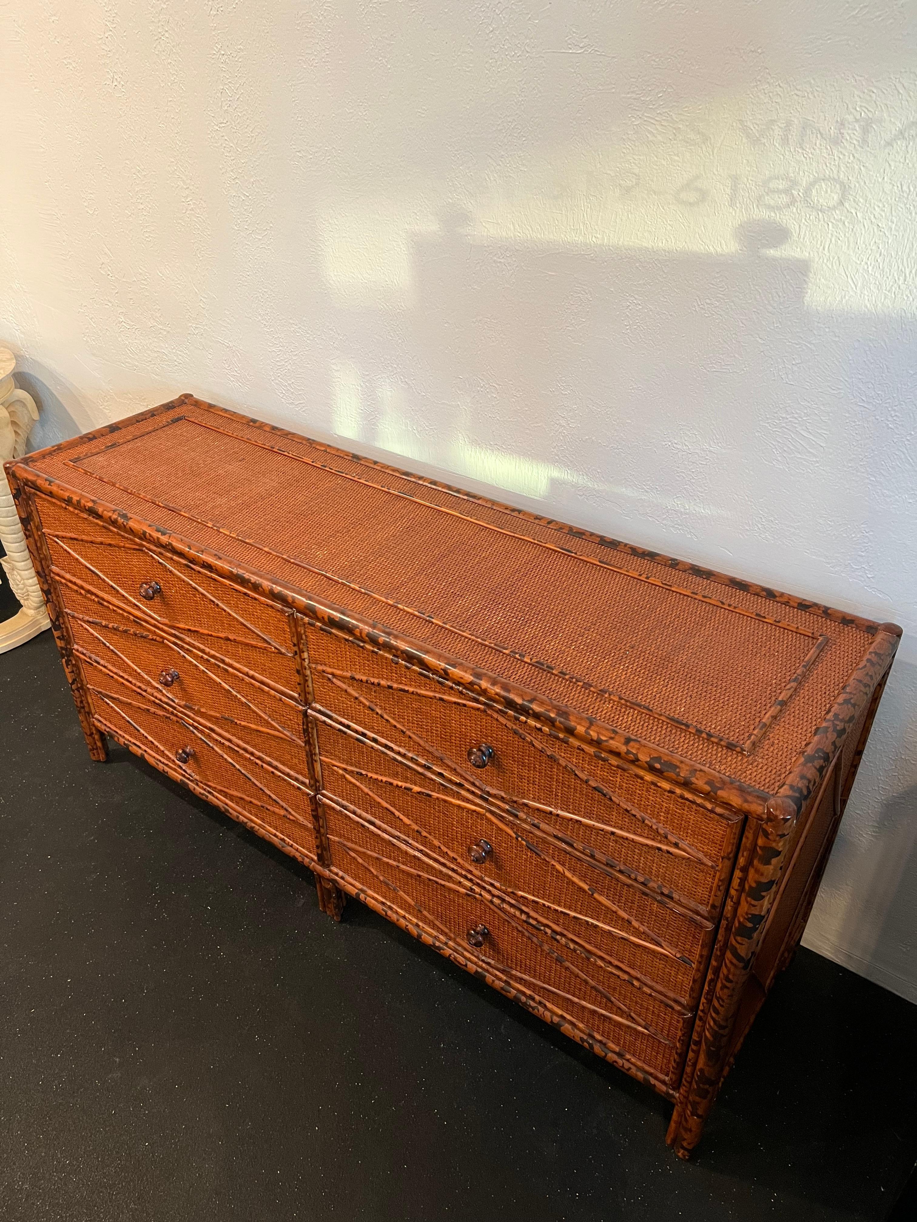 Unknown British Colonial Style Burnt Bamboo and Cane Dresser