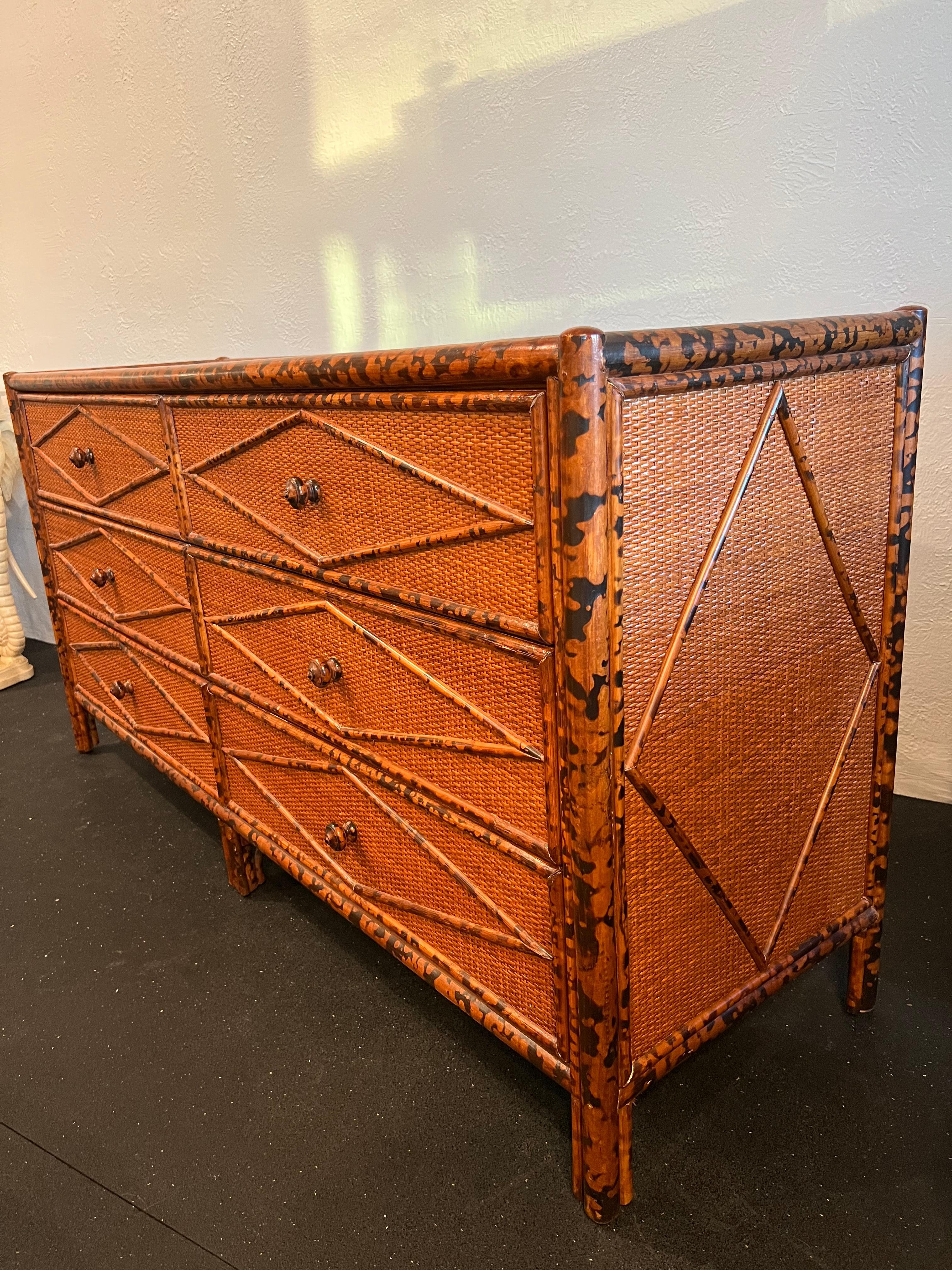 British Colonial Style Burnt Bamboo and Cane Dresser In Good Condition In West Palm Beach, FL