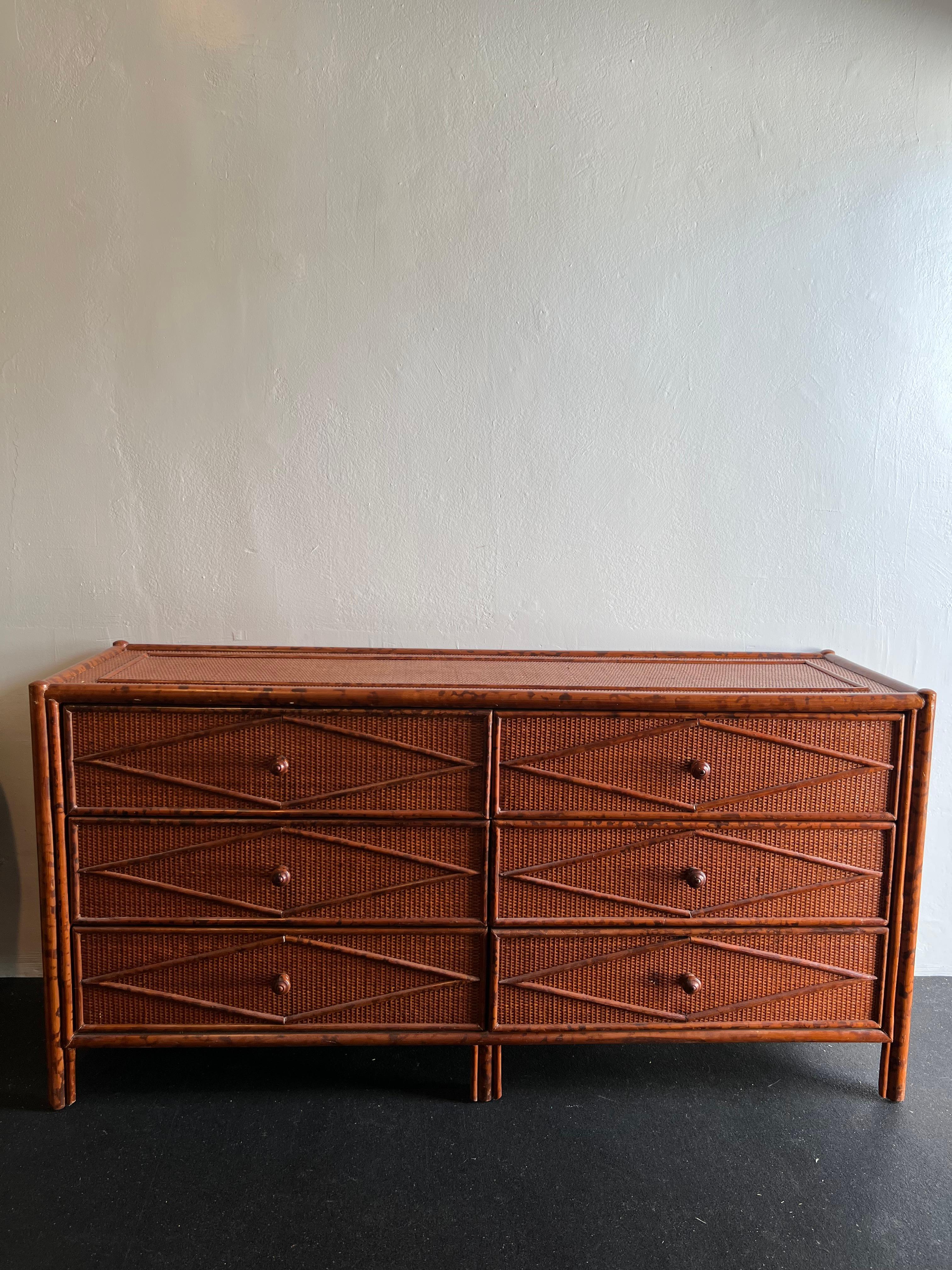 British Colonial Style Burnt Bamboo and Cane Dresser In Good Condition For Sale In West Palm Beach, FL