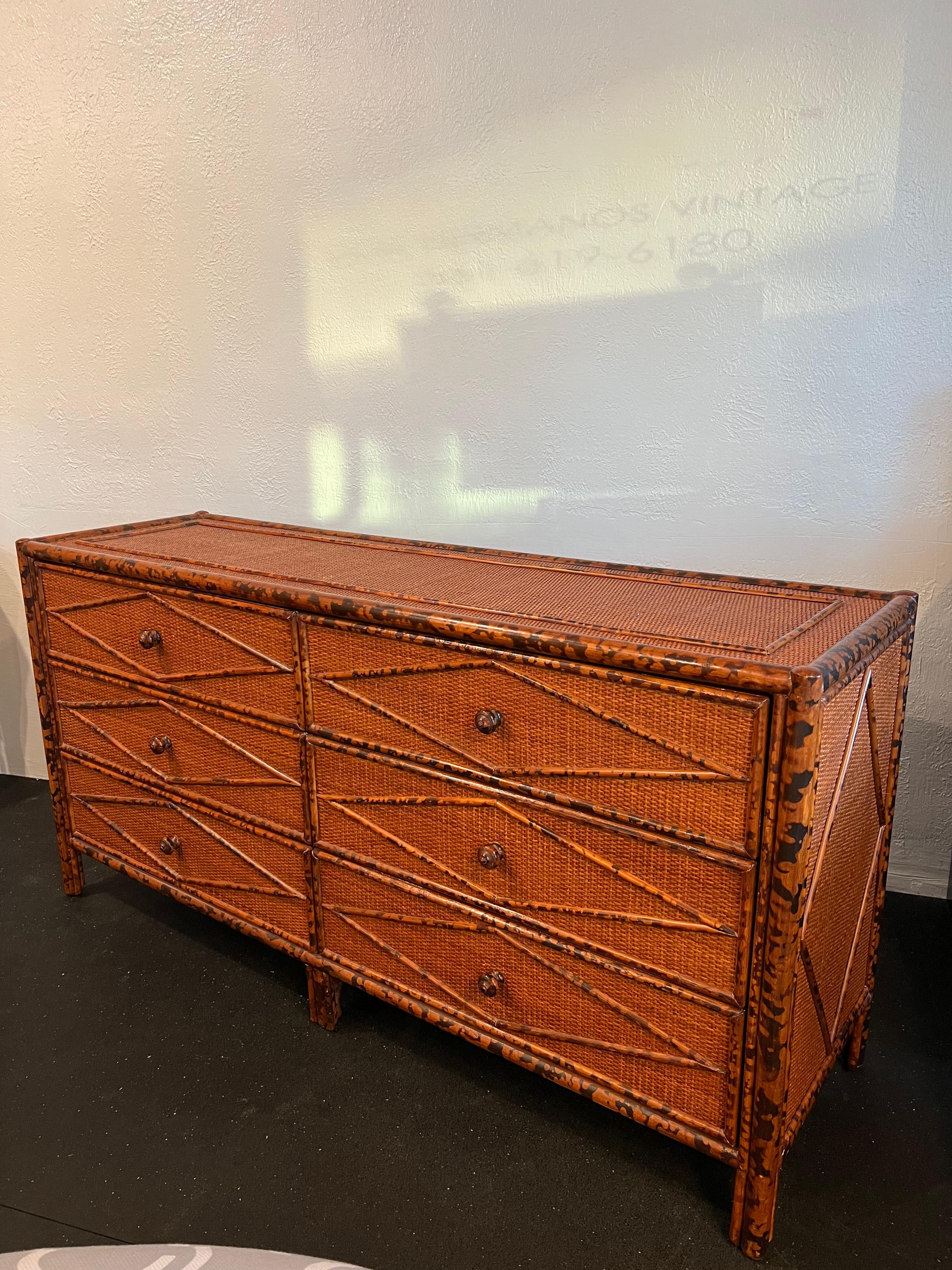 Late 20th Century British Colonial Style Burnt Bamboo and Cane Dresser