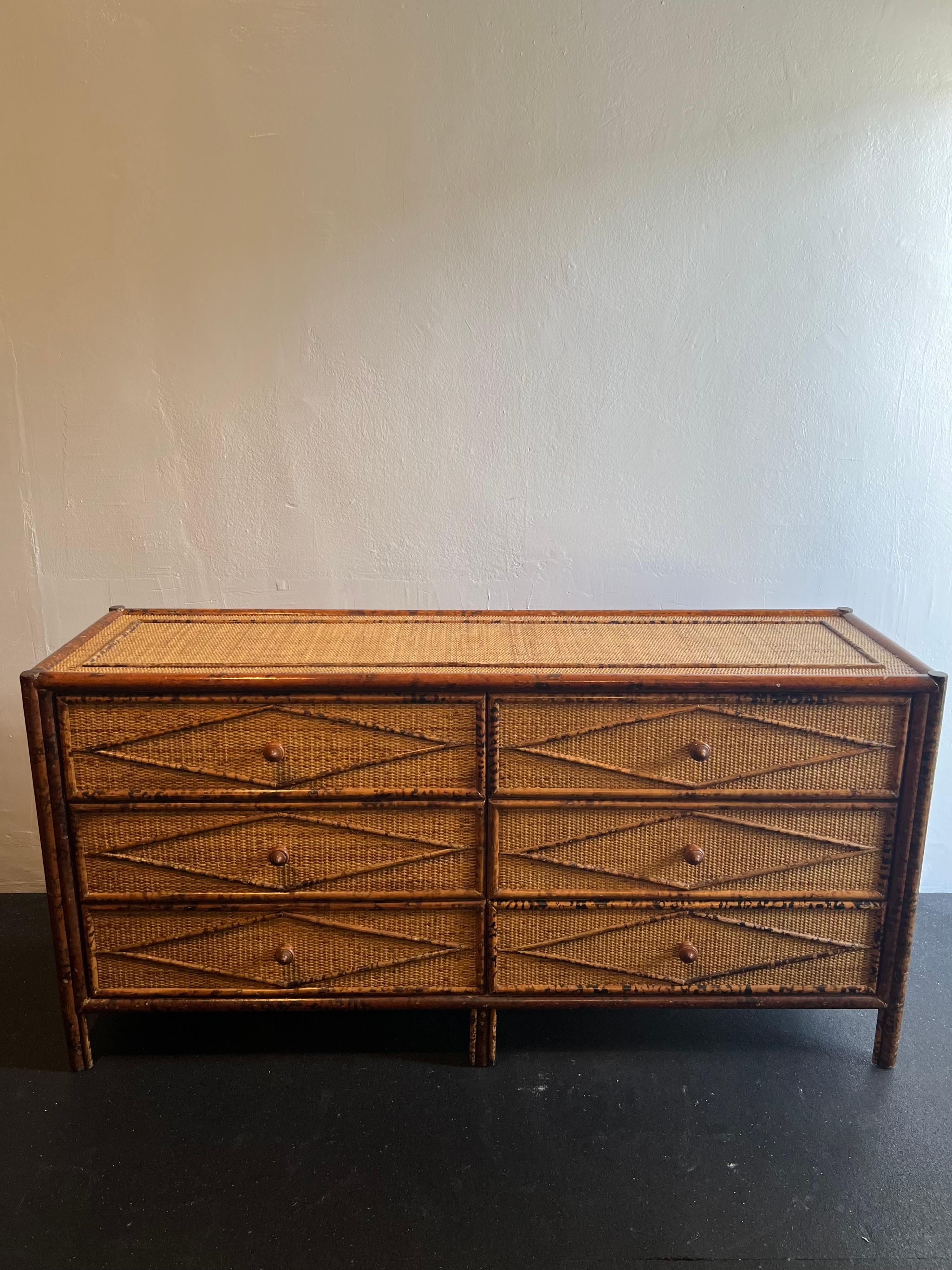 Late 20th Century British Colonial Style Burnt Bamboo and Cane Dresser For Sale