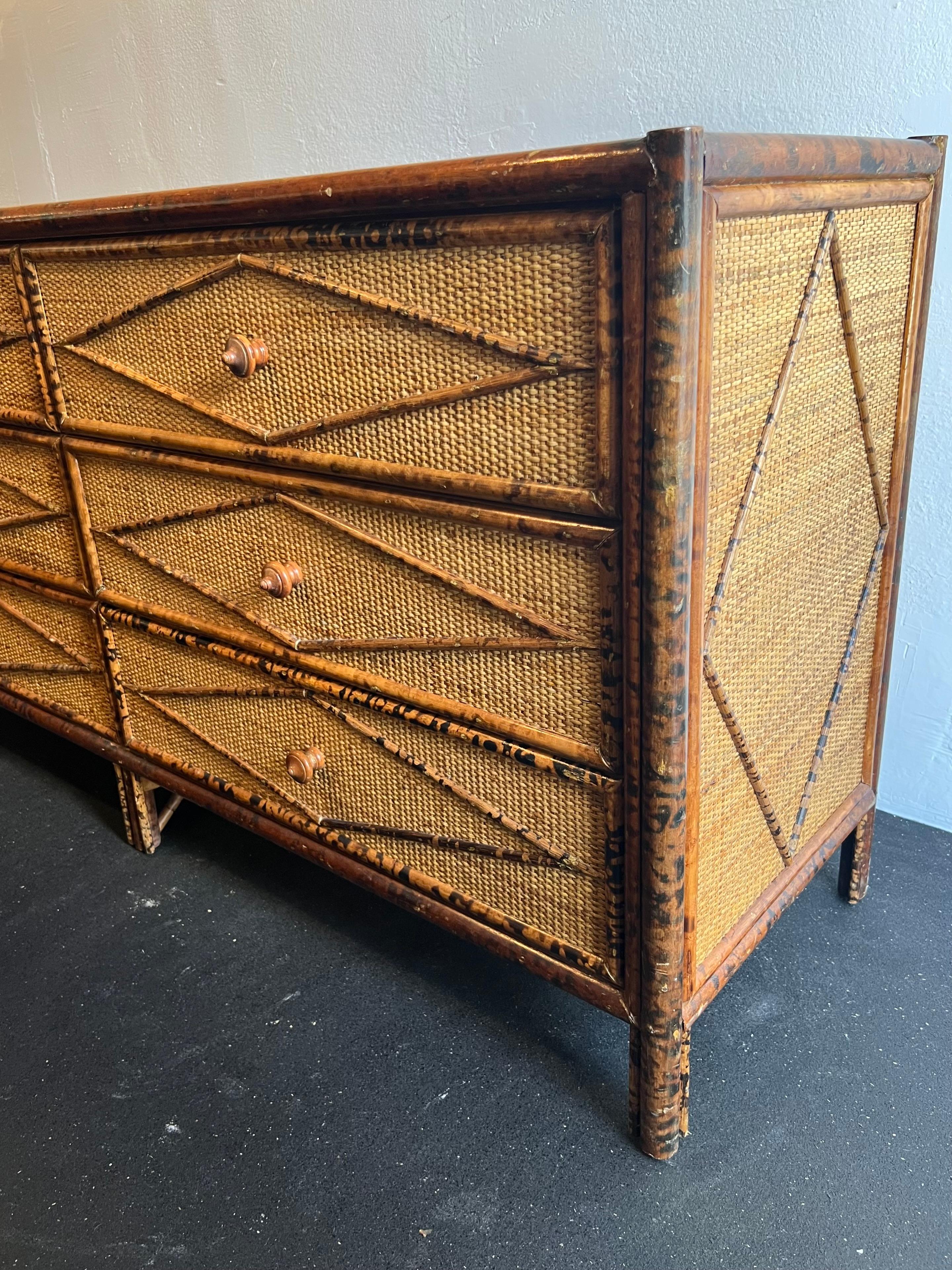 British Colonial Style Burnt Bamboo and Cane Dresser For Sale 1