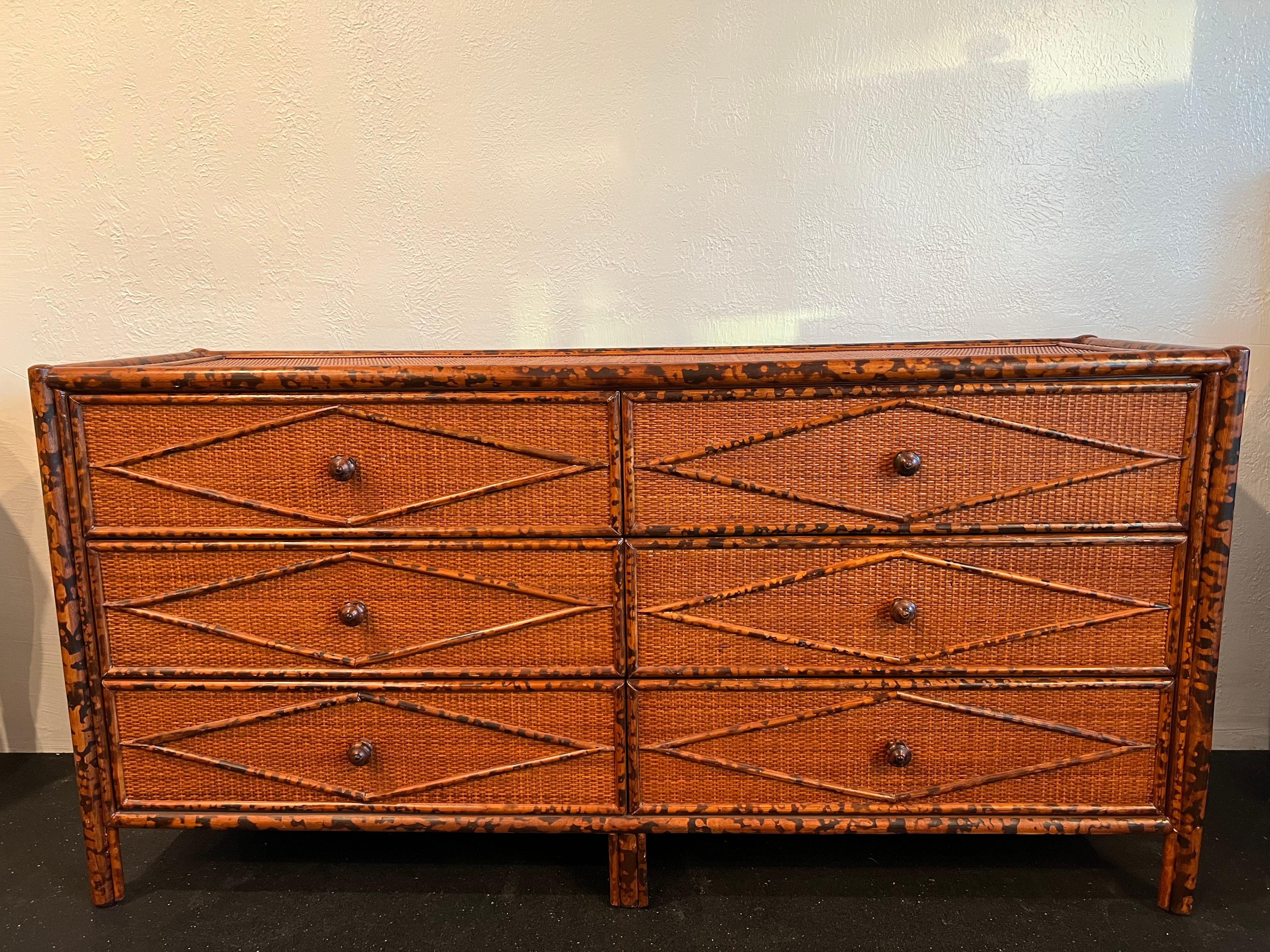 British Colonial Style Burnt Bamboo and Cane Dresser 3