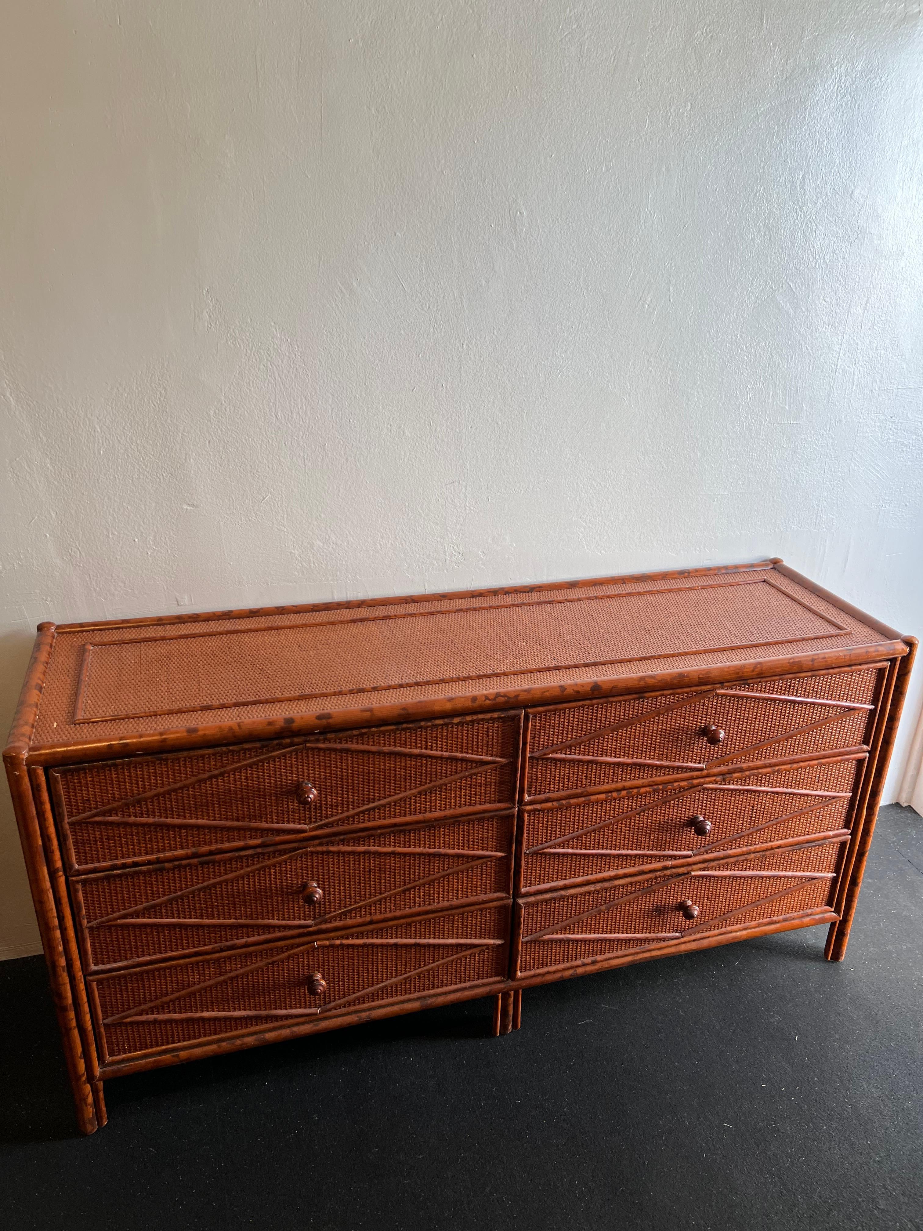 British Colonial Style Burnt Bamboo and Cane Dresser For Sale 3