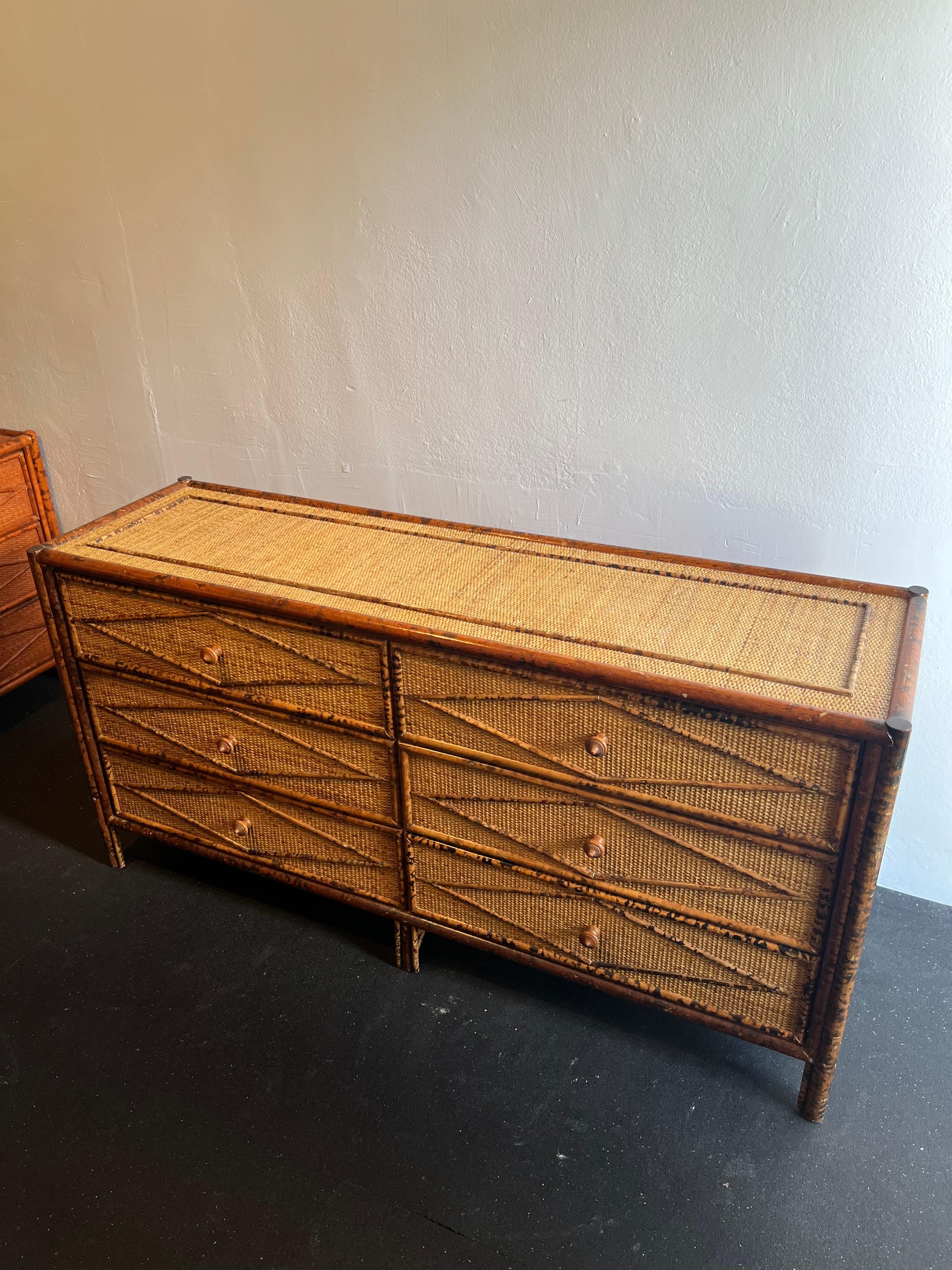 British Colonial Style Burnt Bamboo and Cane Dresser For Sale 2