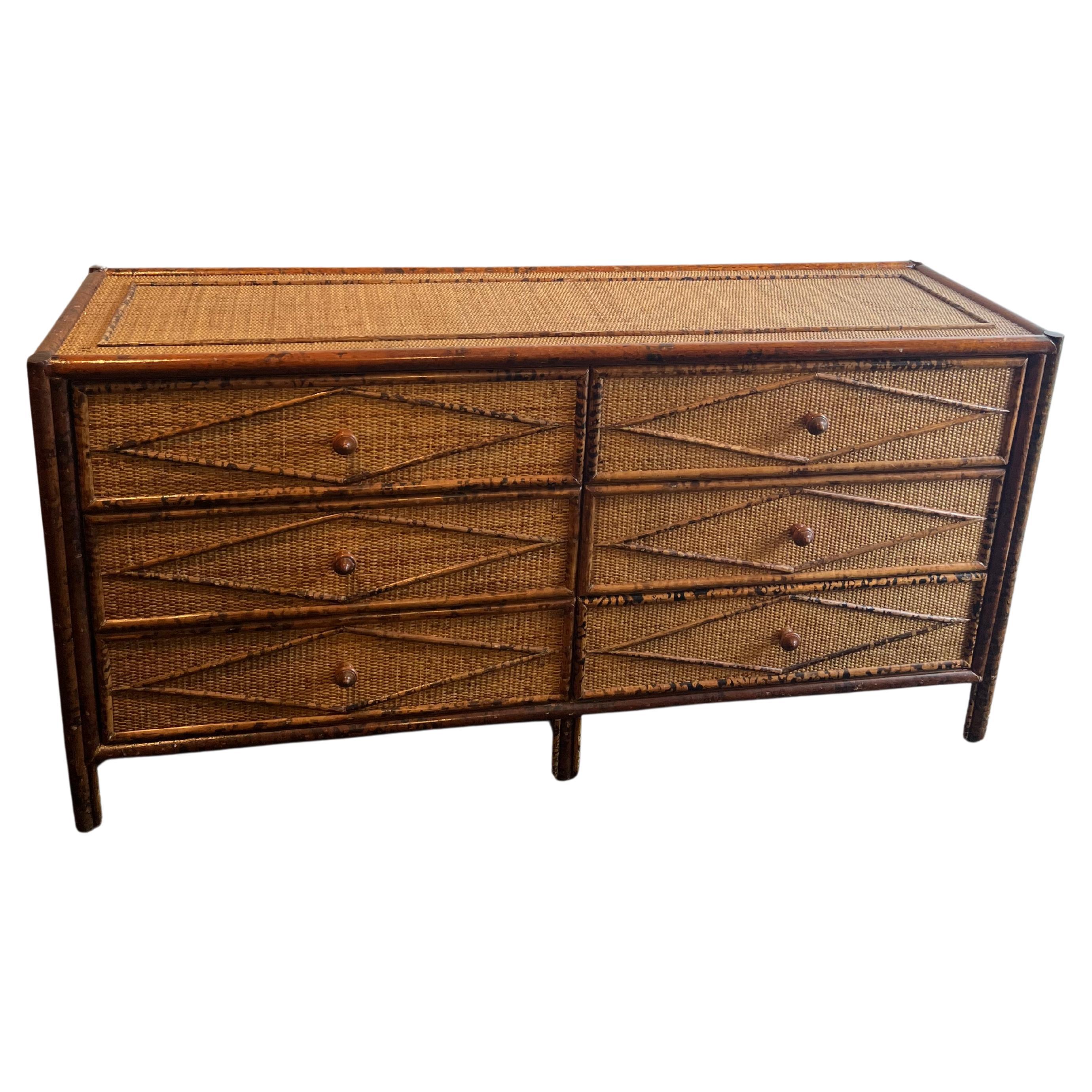 British Colonial Style Burnt Bamboo and Cane Dresser For Sale