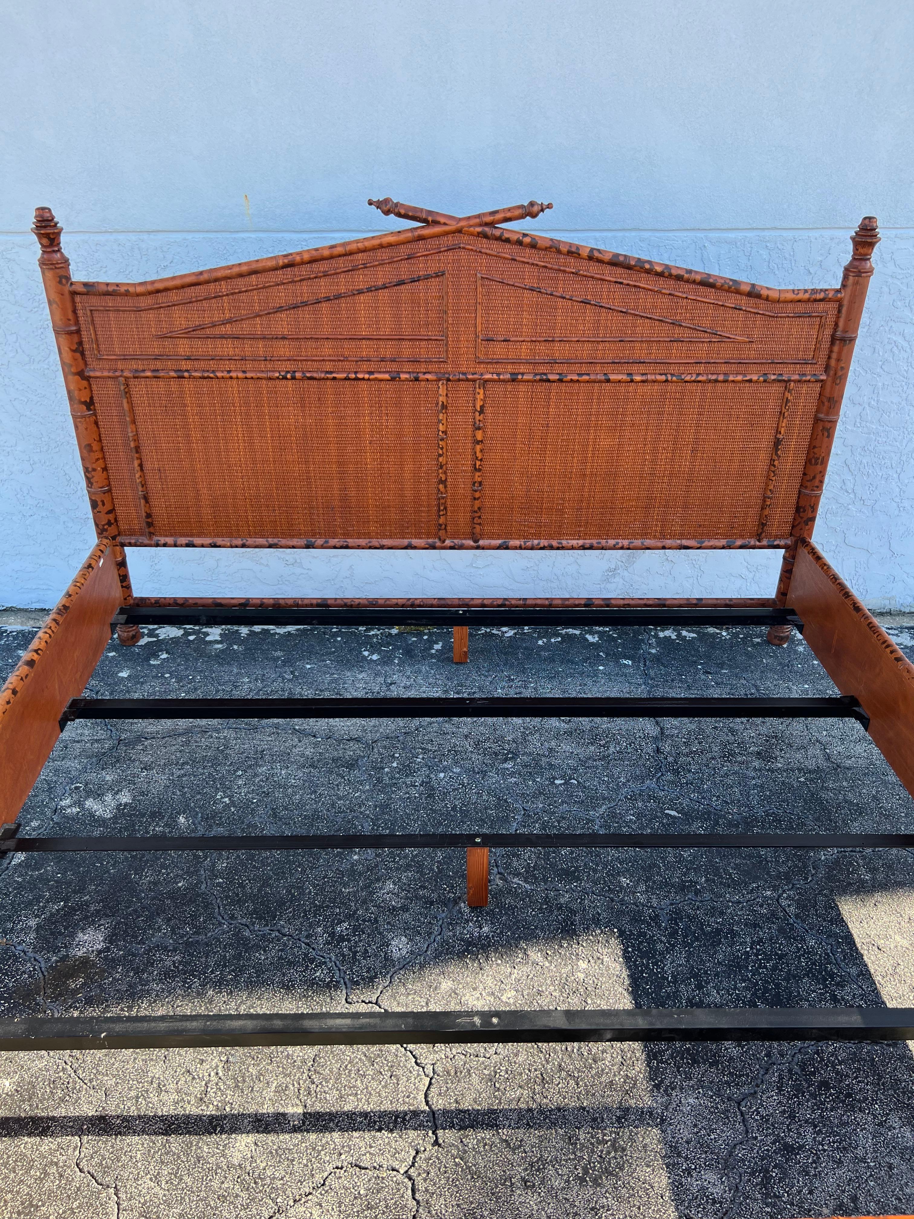 Unknown British Colonial Style Burnt Bamboo and Cane King Size Bed Frame