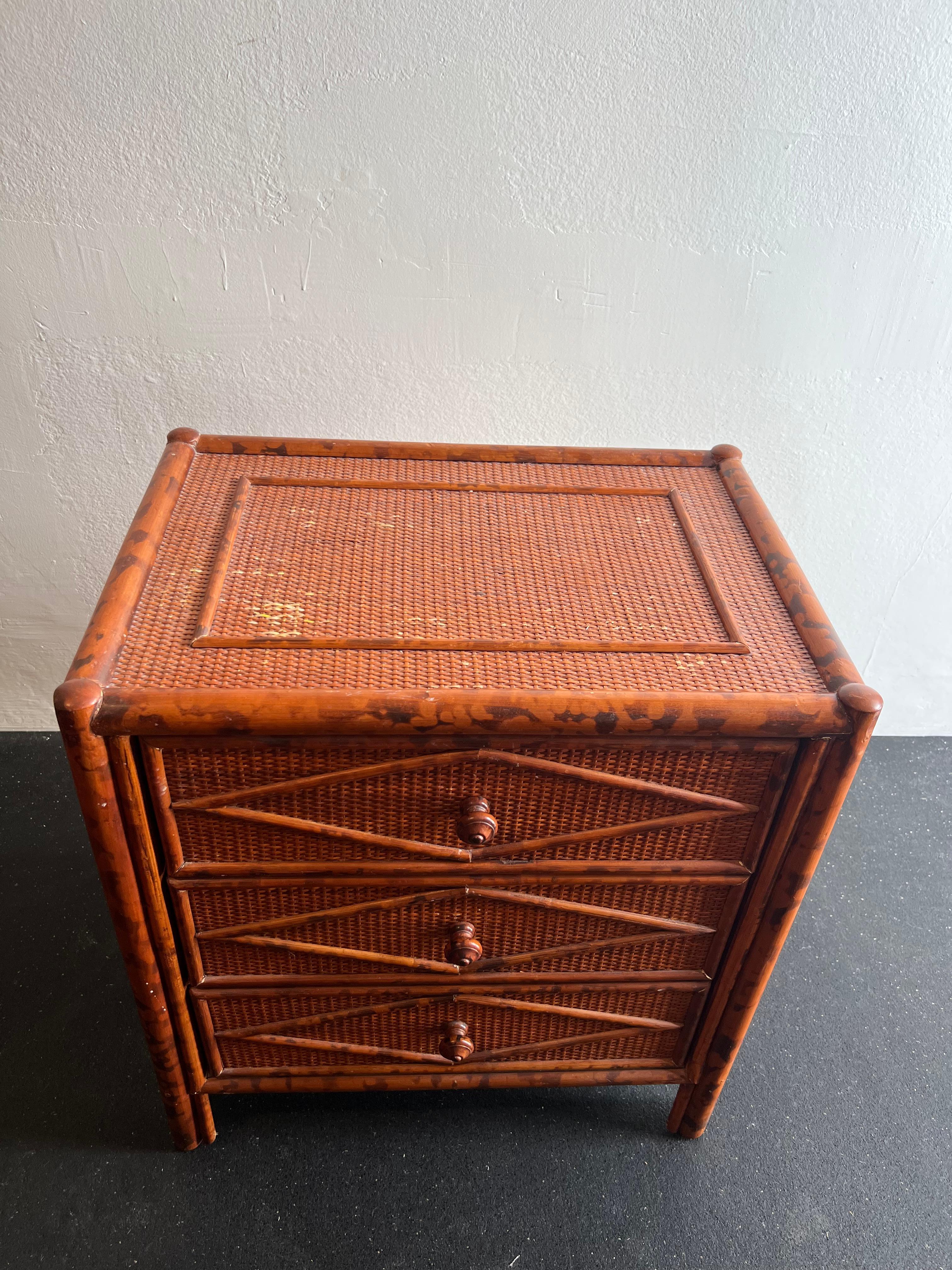 Late 20th Century British Colonial Style Burnt Bamboo and Cane Nighstand For Sale