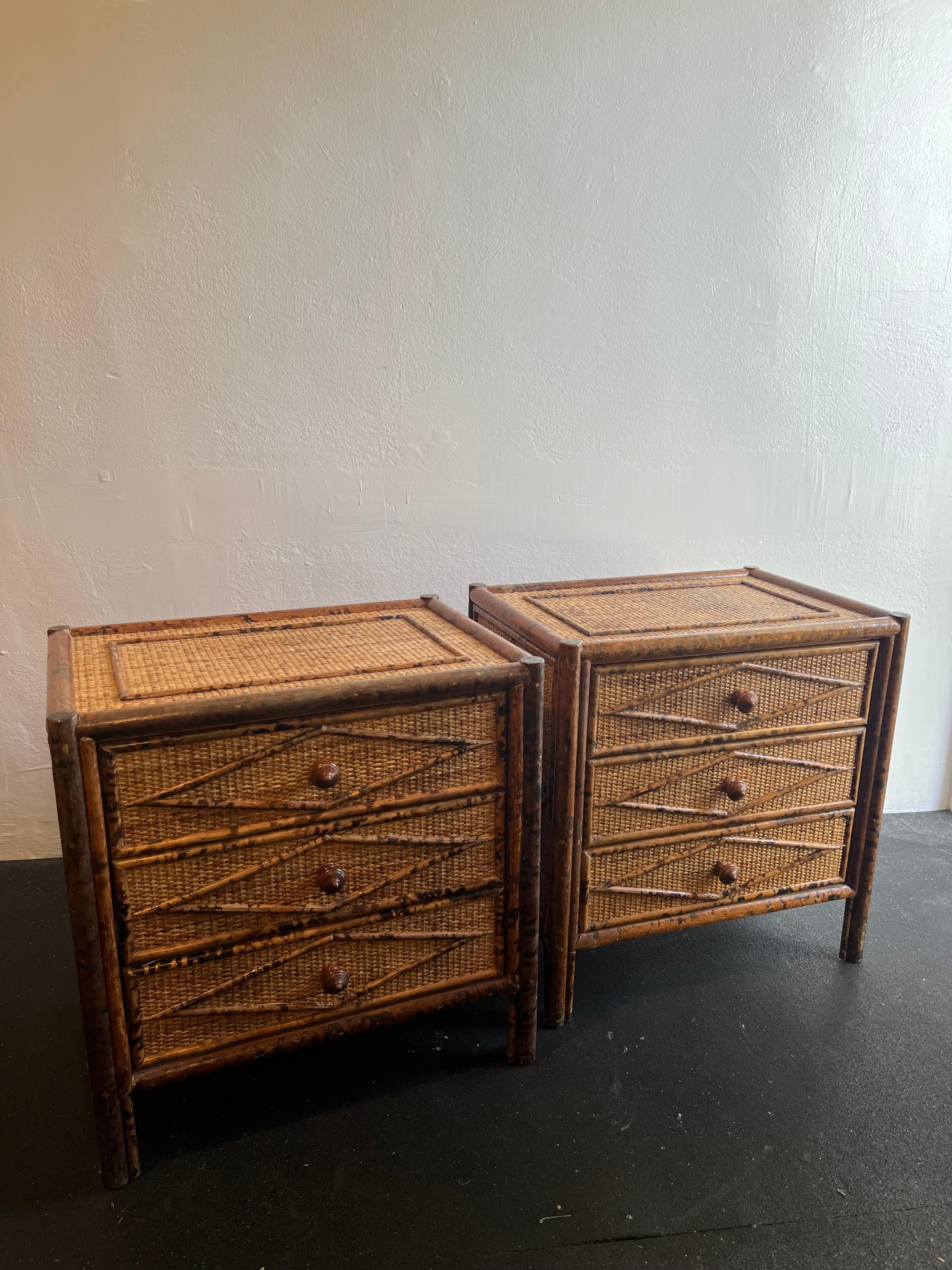 Unknown British Colonial Style Burnt Bamboo and Cane Nighstands-A Pair