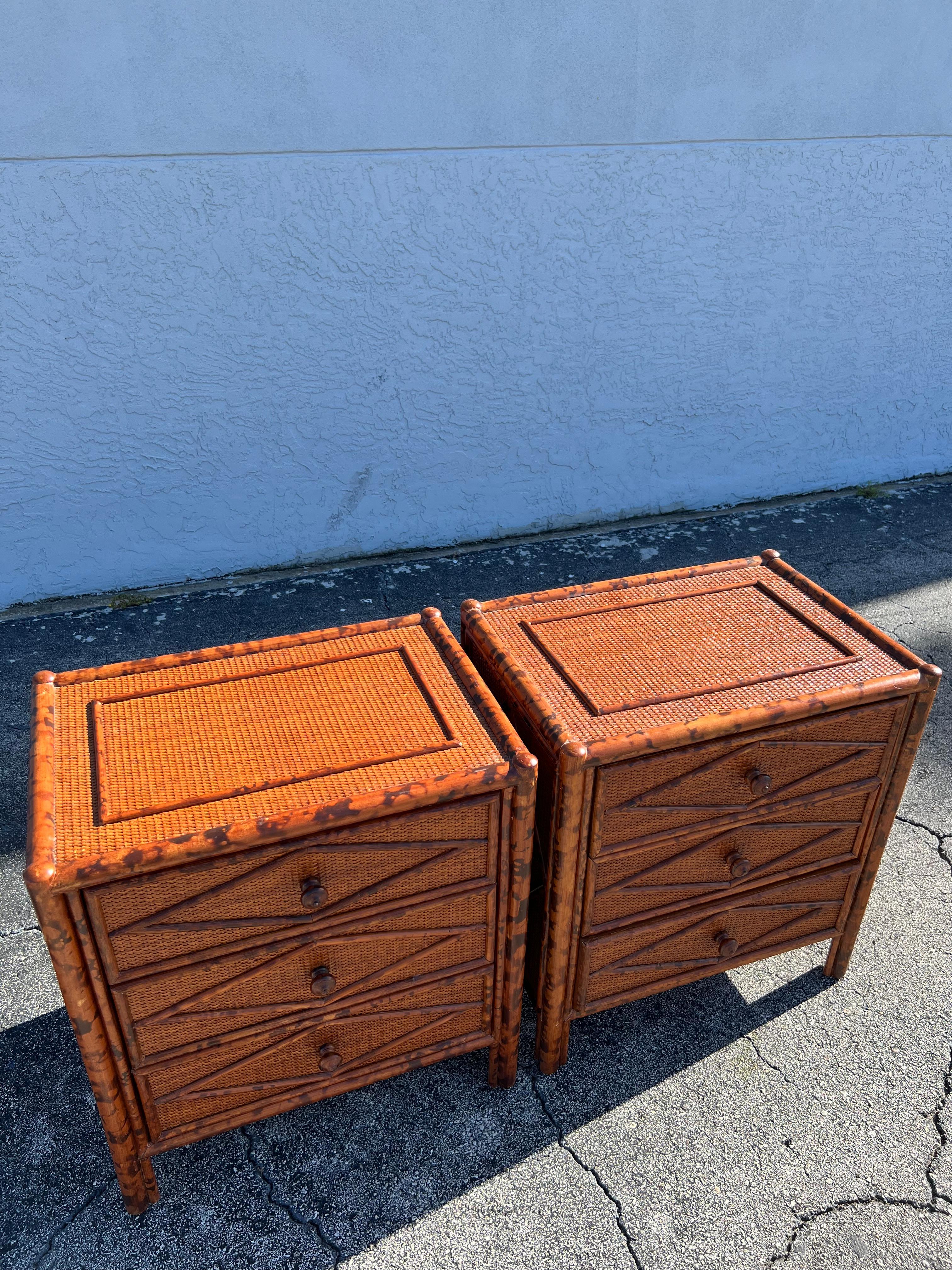 British Colonial Style Burnt Bamboo and Cane Nighstands-A Pair In Good Condition In West Palm Beach, FL