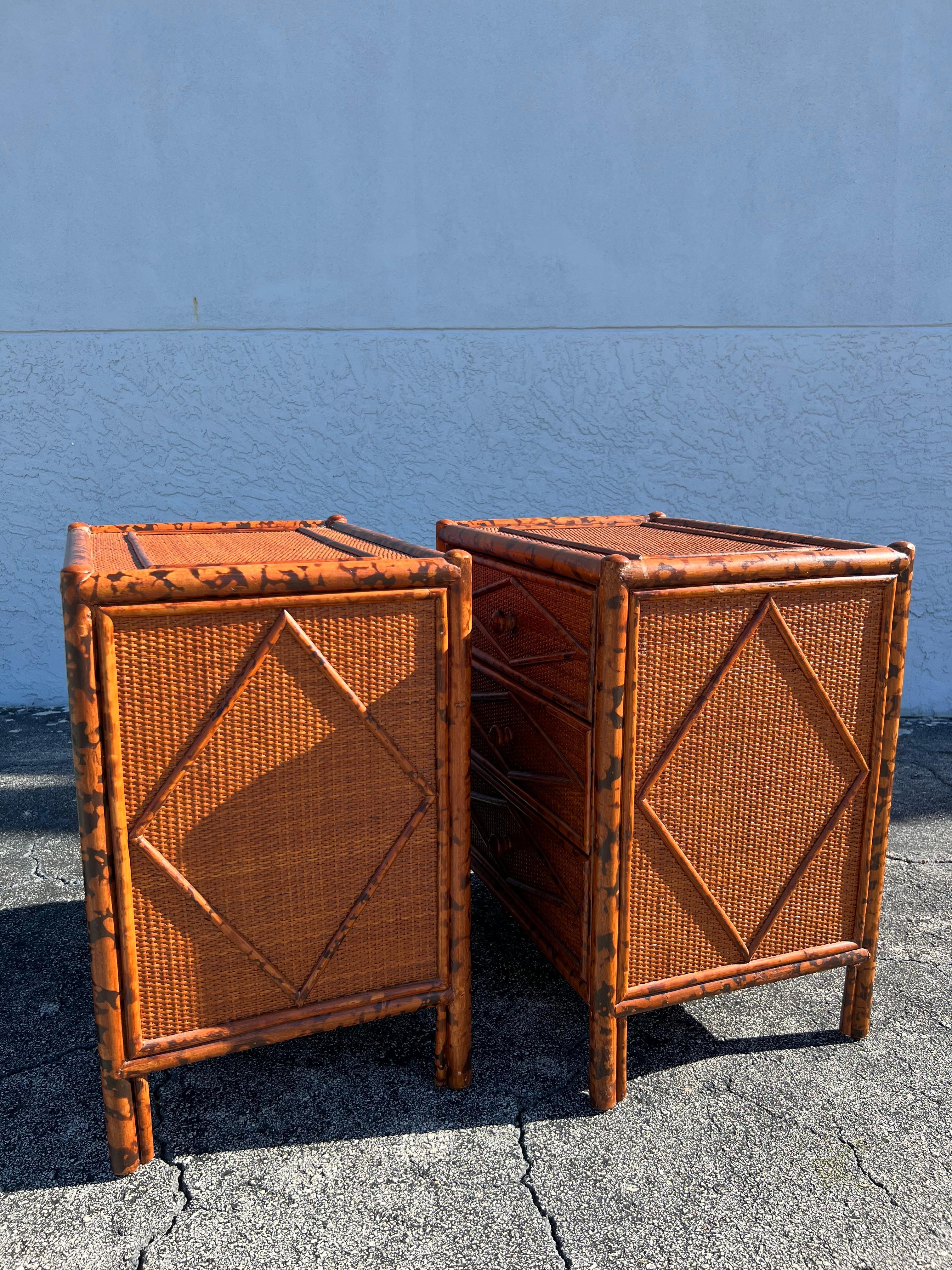 Late 20th Century British Colonial Style Burnt Bamboo and Cane Nighstands-A Pair