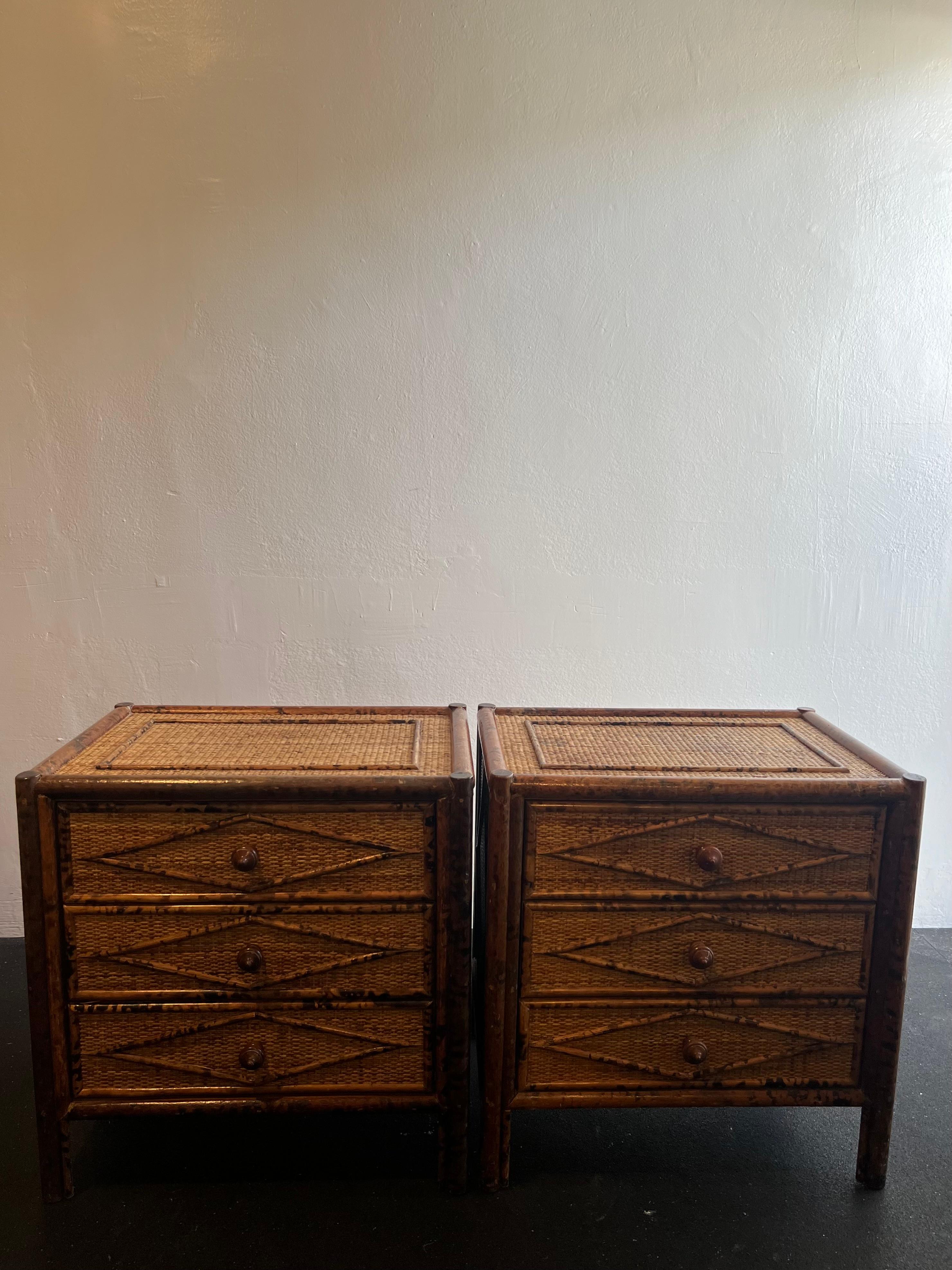 Late 20th Century British Colonial Style Burnt Bamboo and Cane Nighstands-A Pair