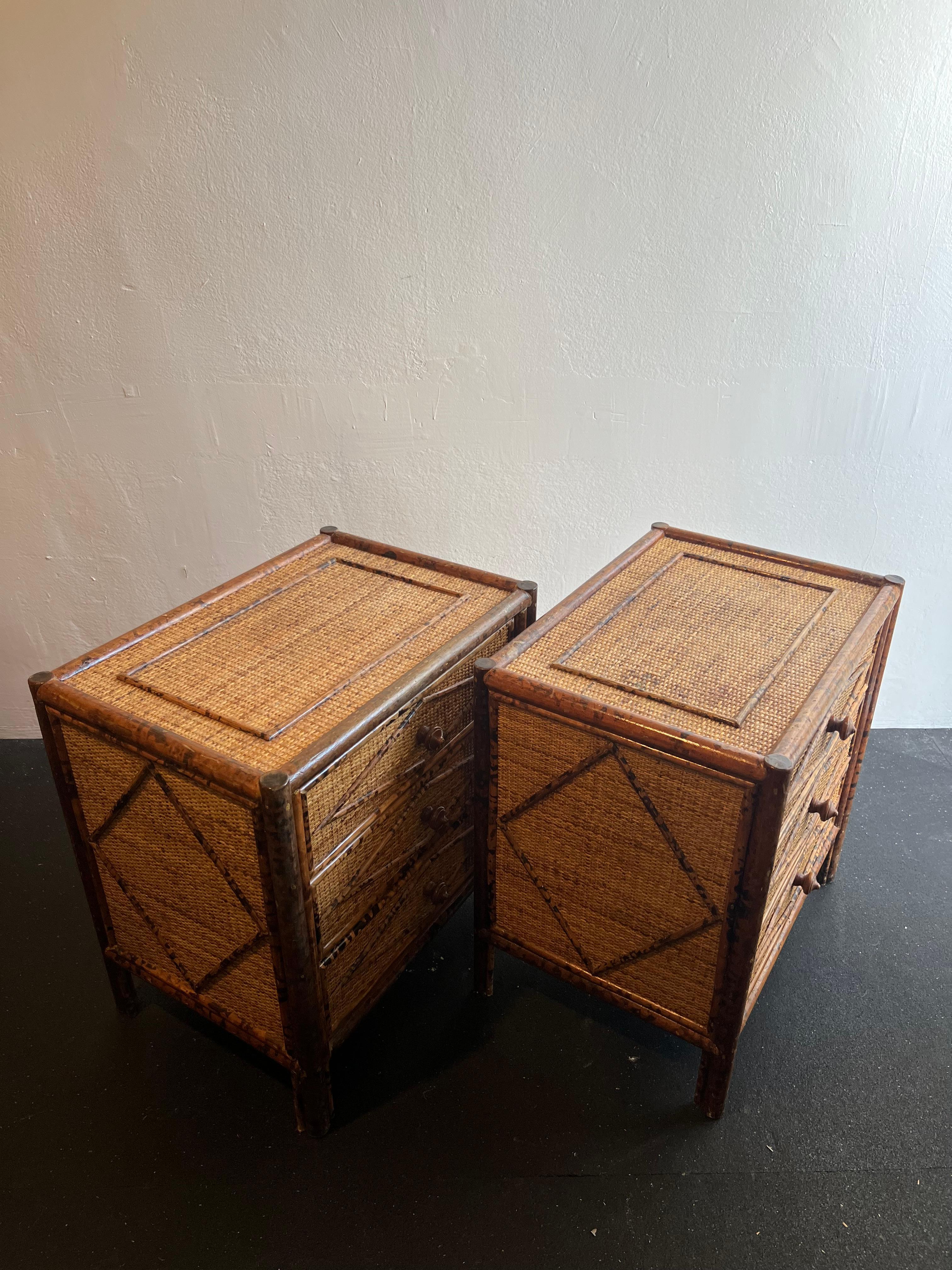 British Colonial Style Burnt Bamboo and Cane Nighstands-A Pair 3