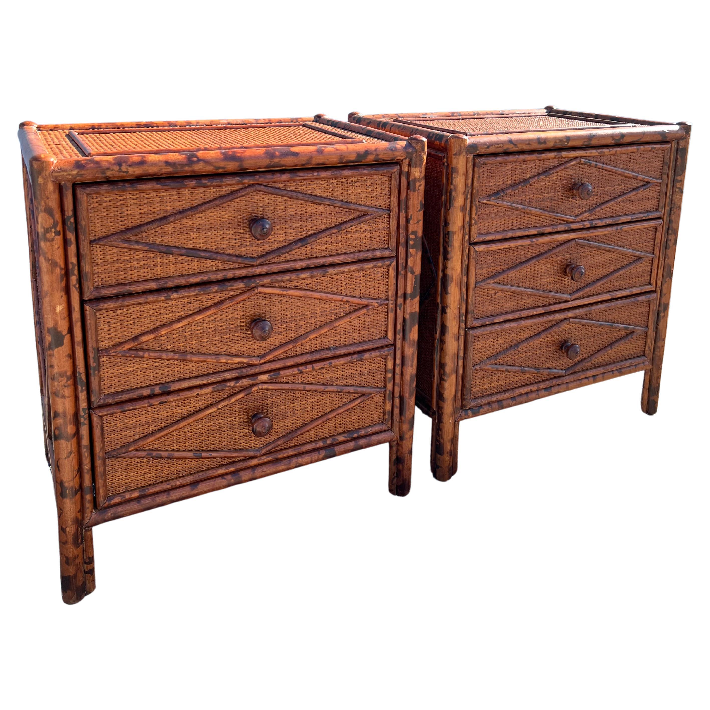 British Colonial Style Burnt Bamboo and Cane Nighstands-A Pair