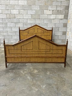 British Colonial Style Burnt Bamboo and Cane Queen Bed Frame
