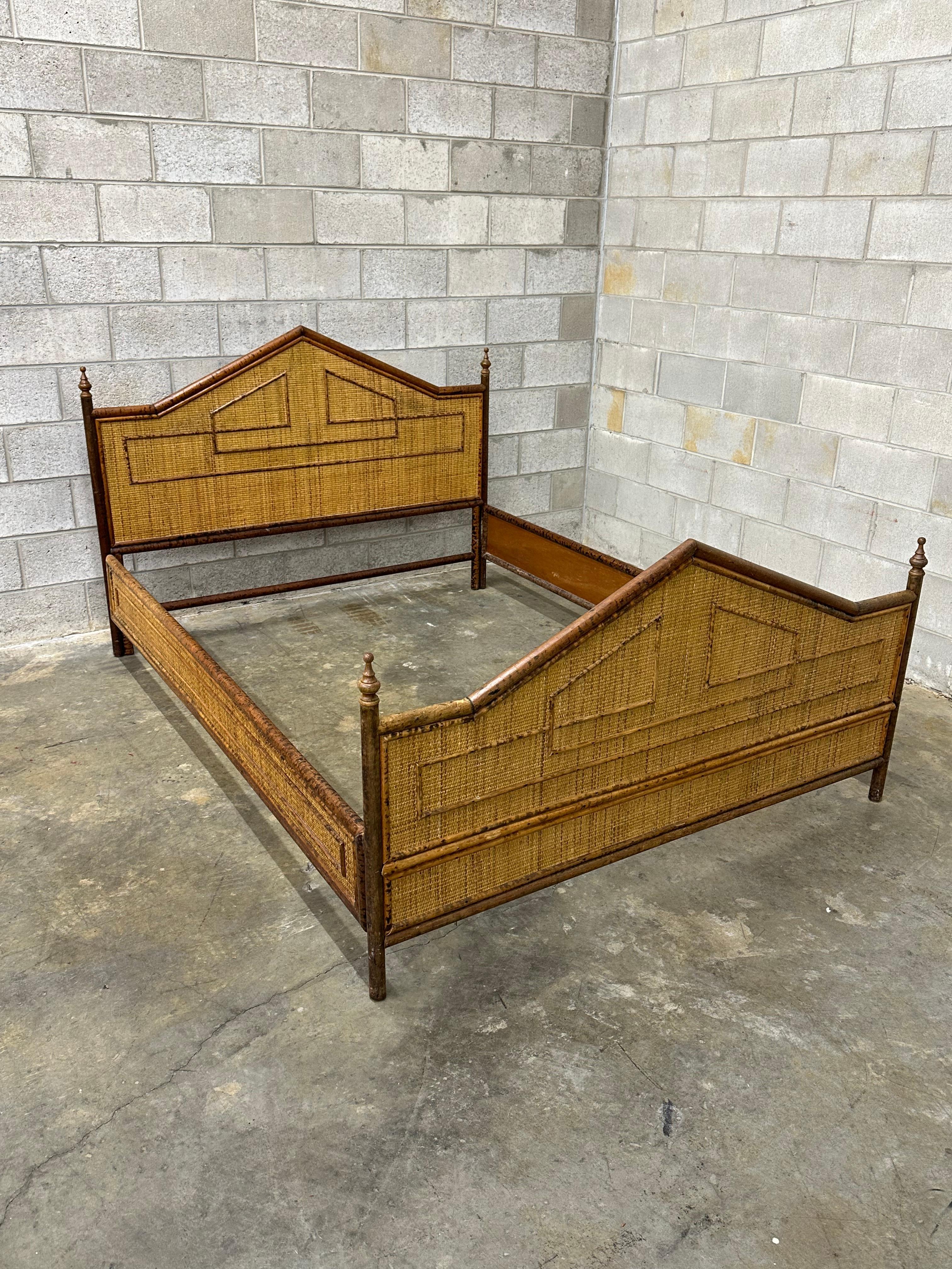 Philippine British Colonial Style Burnt Bamboo and Cane Queen Bed Frame For Sale