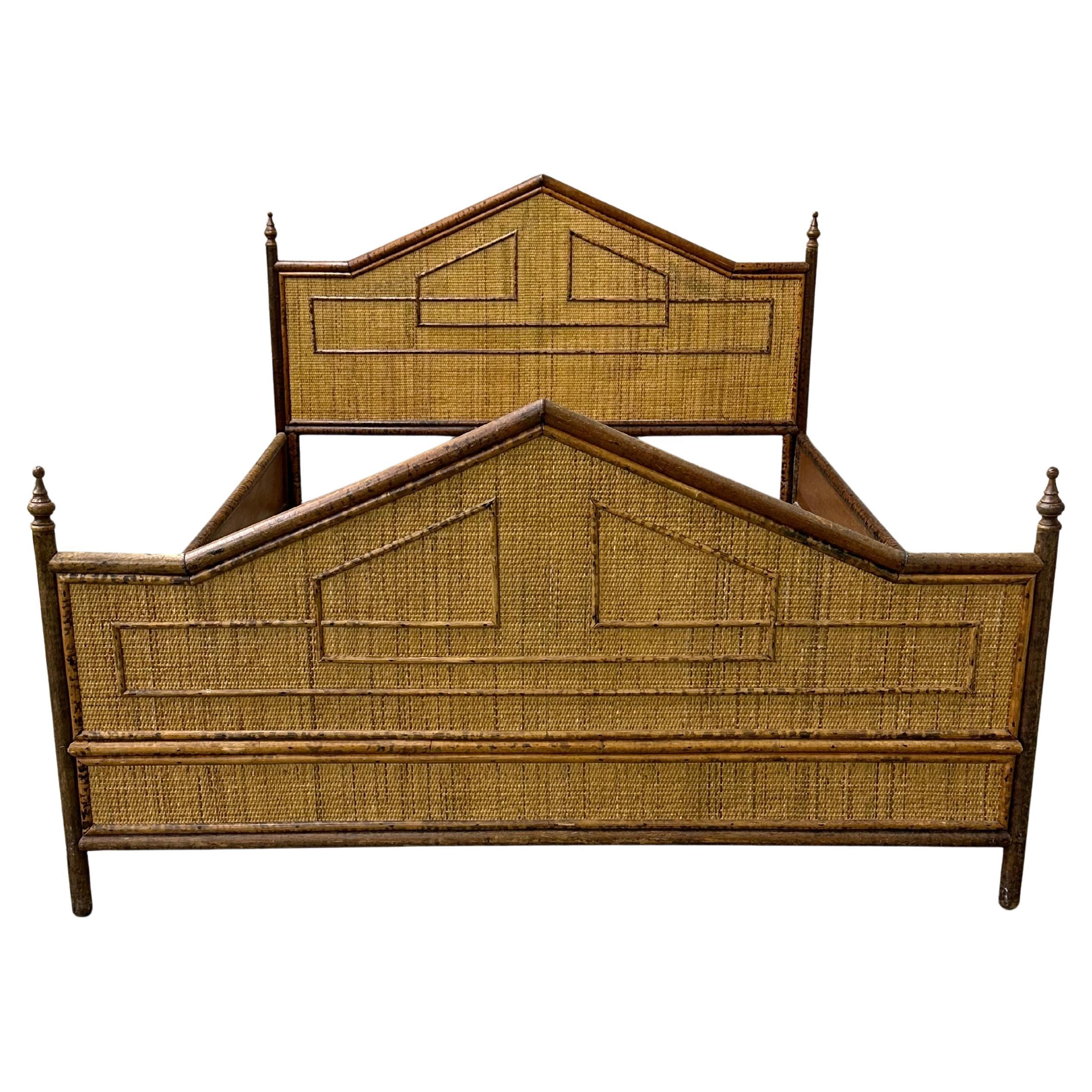 British Colonial Style Burnt Bamboo and Cane Queen Bed Frame