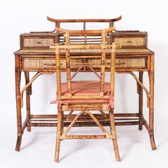 British Colonial Style Burnt Bamboo and Grasscloth Pagoda Desk and Chair