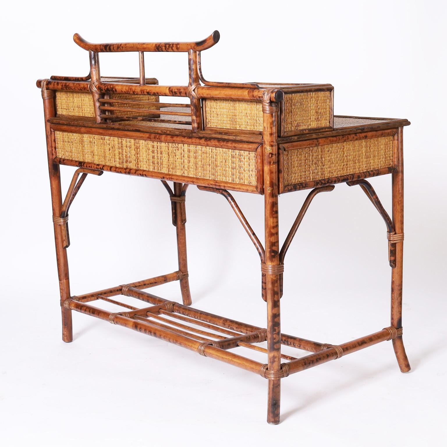Macanese British Colonial Style Burnt Bamboo and Grasscloth Pagoda Desk and Chair