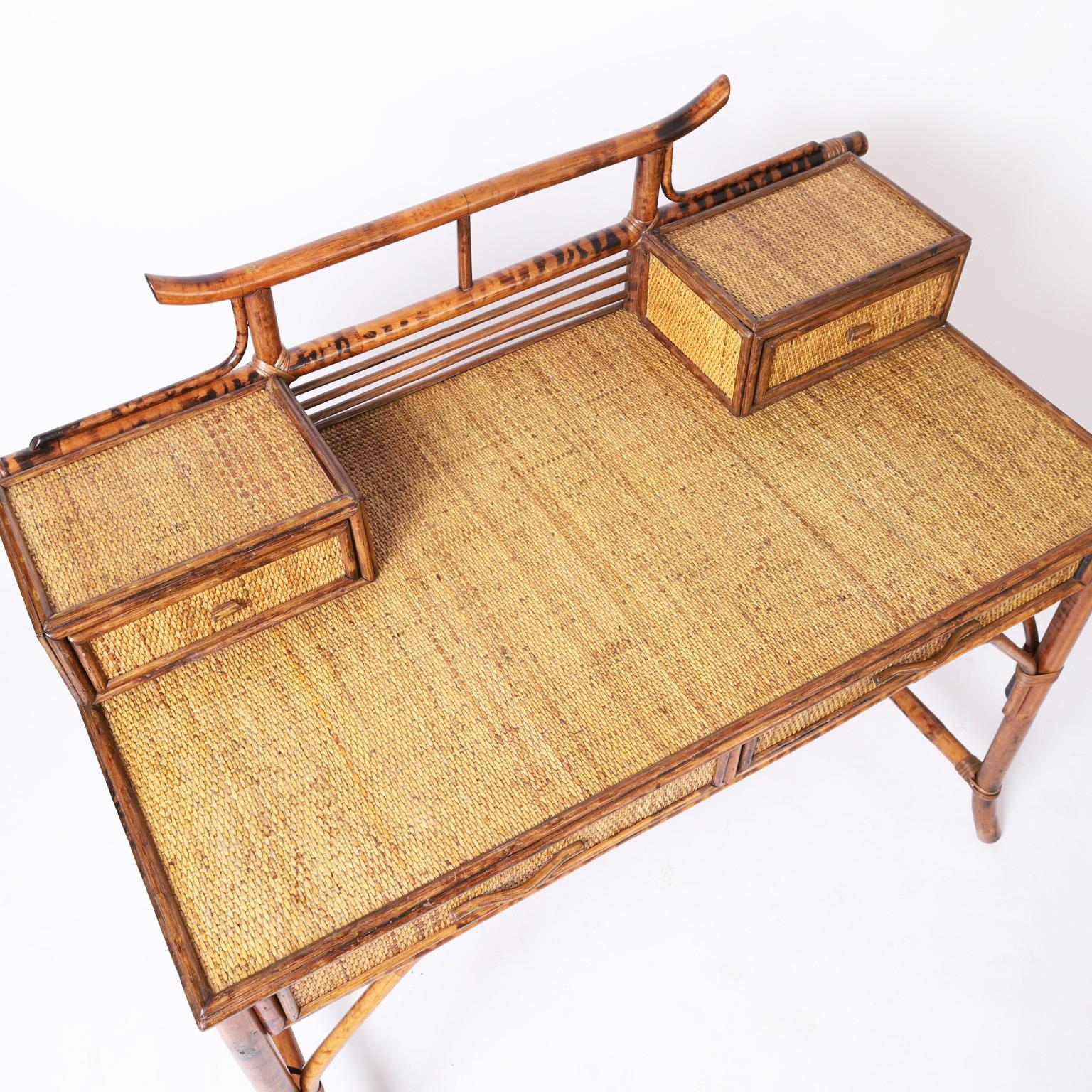 Hand-Crafted British Colonial Style Burnt Bamboo and Grasscloth Pagoda Desk and Chair