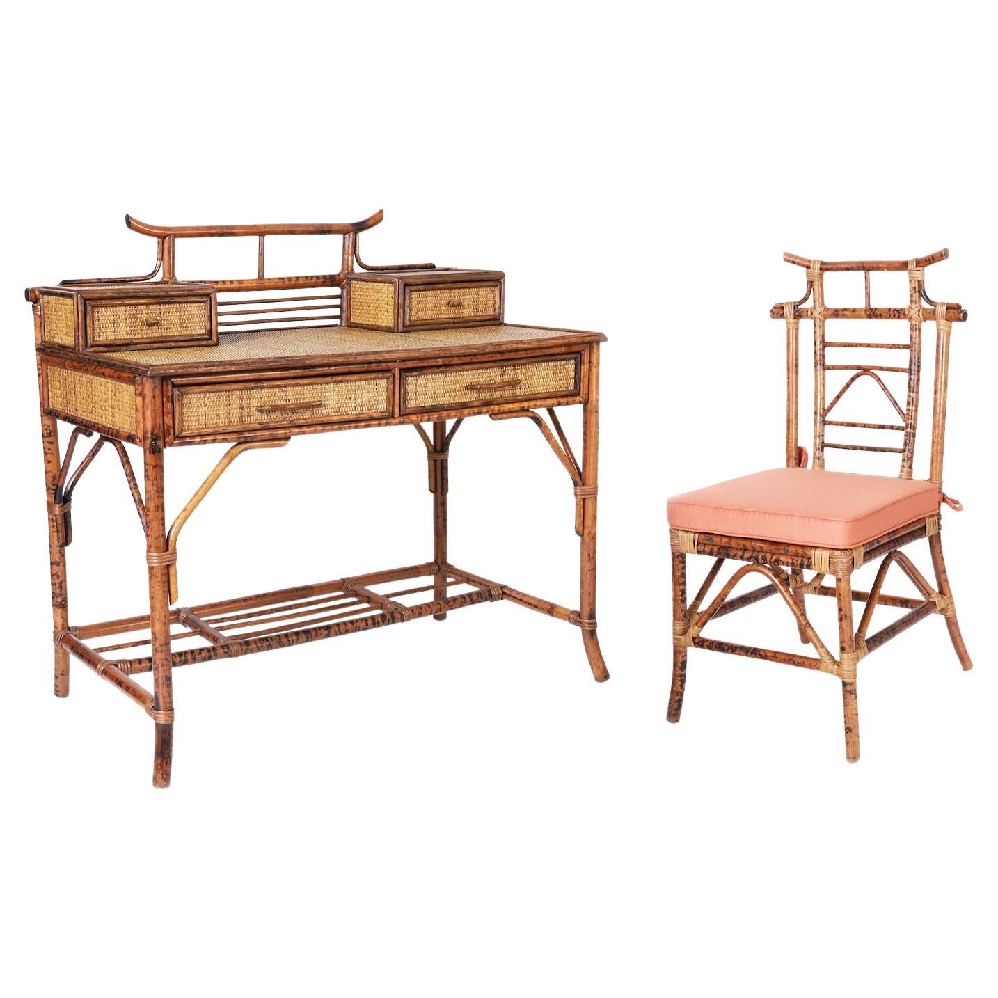 British Colonial Style Burnt Bamboo and Grasscloth Pagoda Desk and Chair