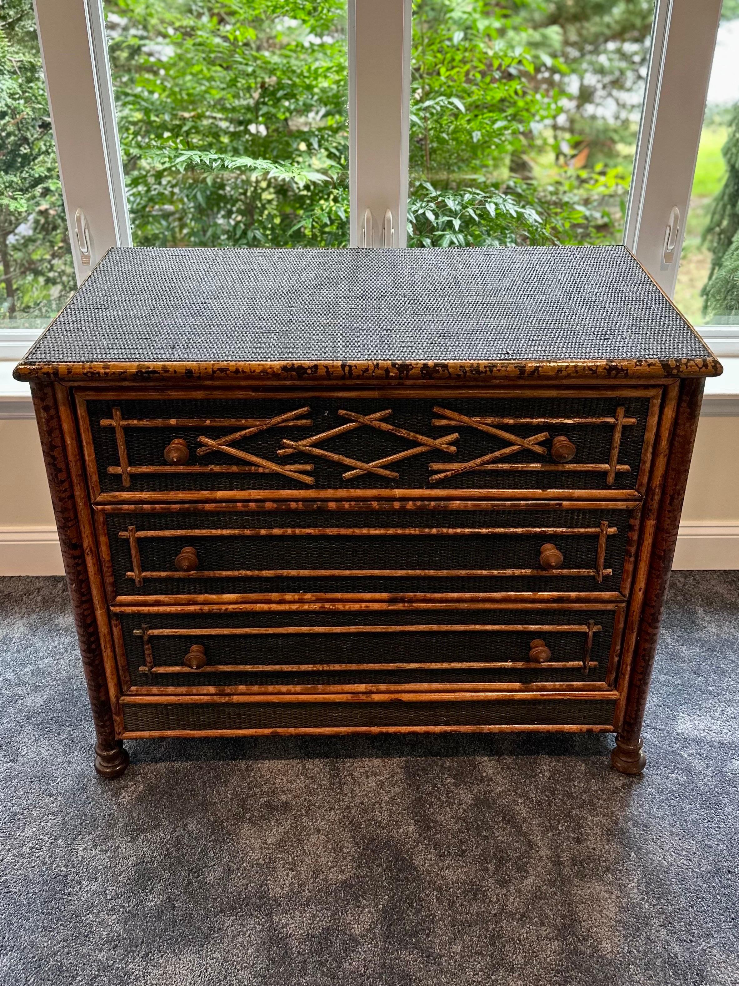 British Colonial Style Burnt Bamboo Dresser Chest 7