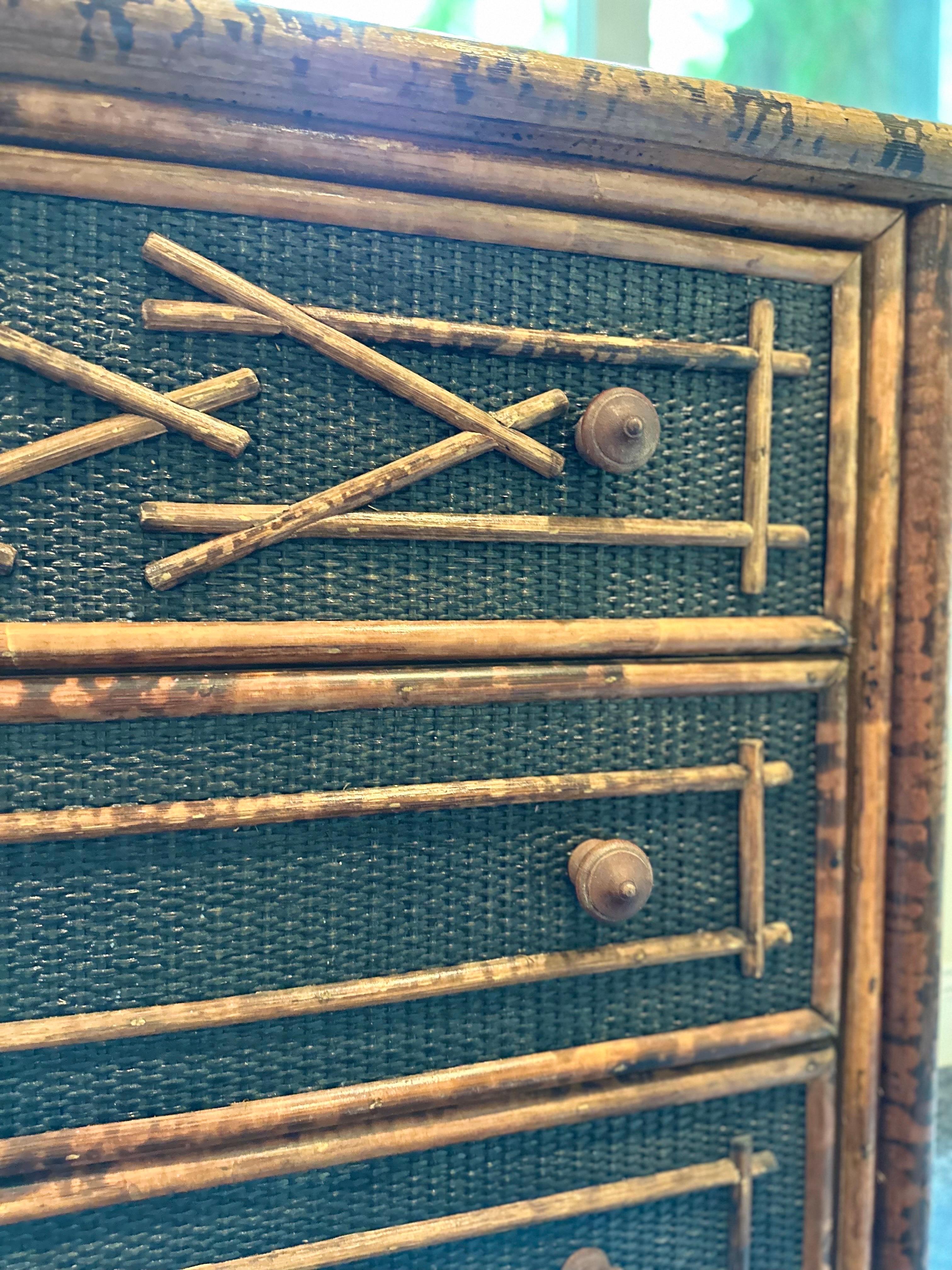 American British Colonial Style Burnt Bamboo Dresser Chest