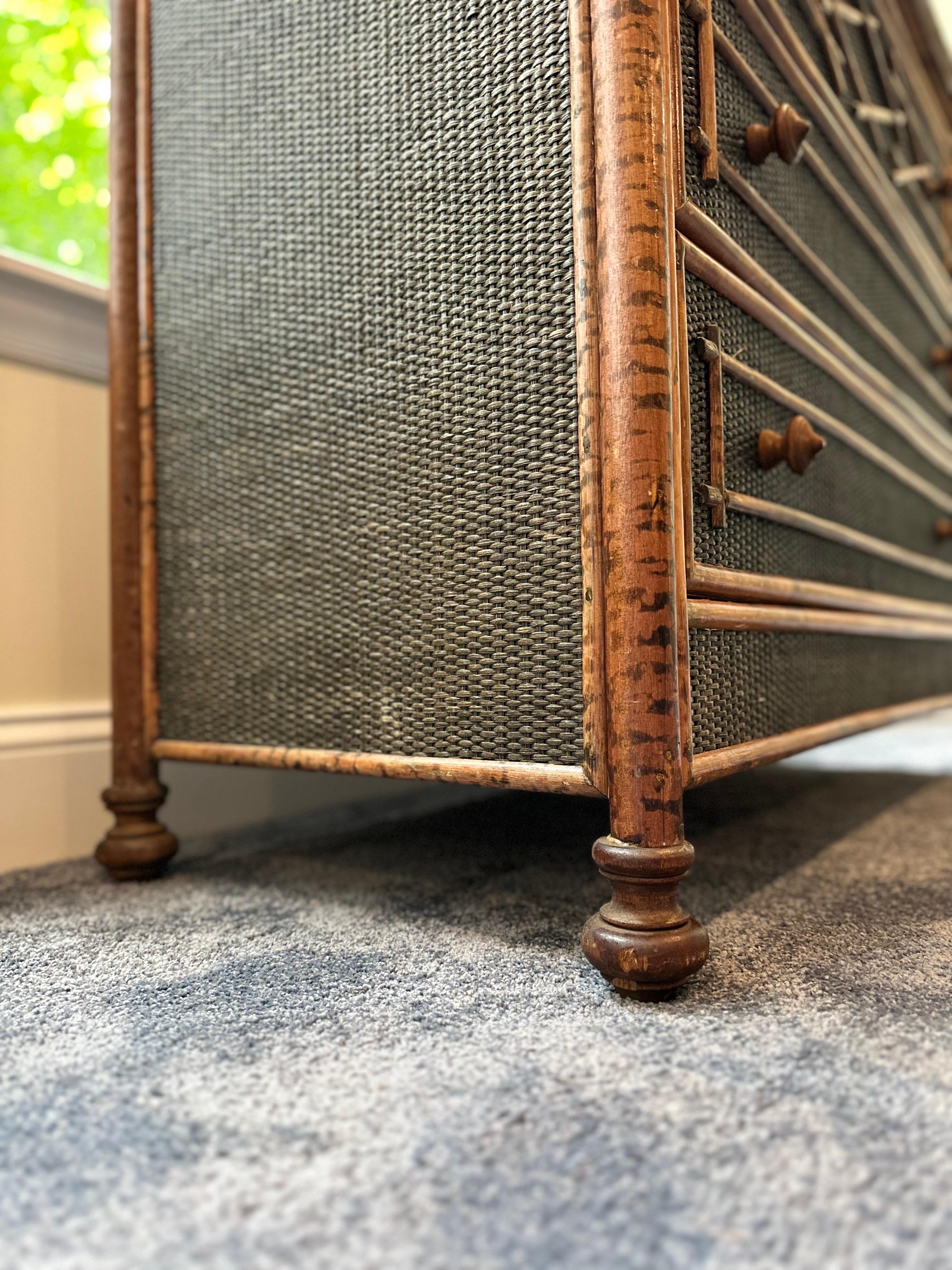 Cane British Colonial Style Burnt Bamboo Dresser Chest 