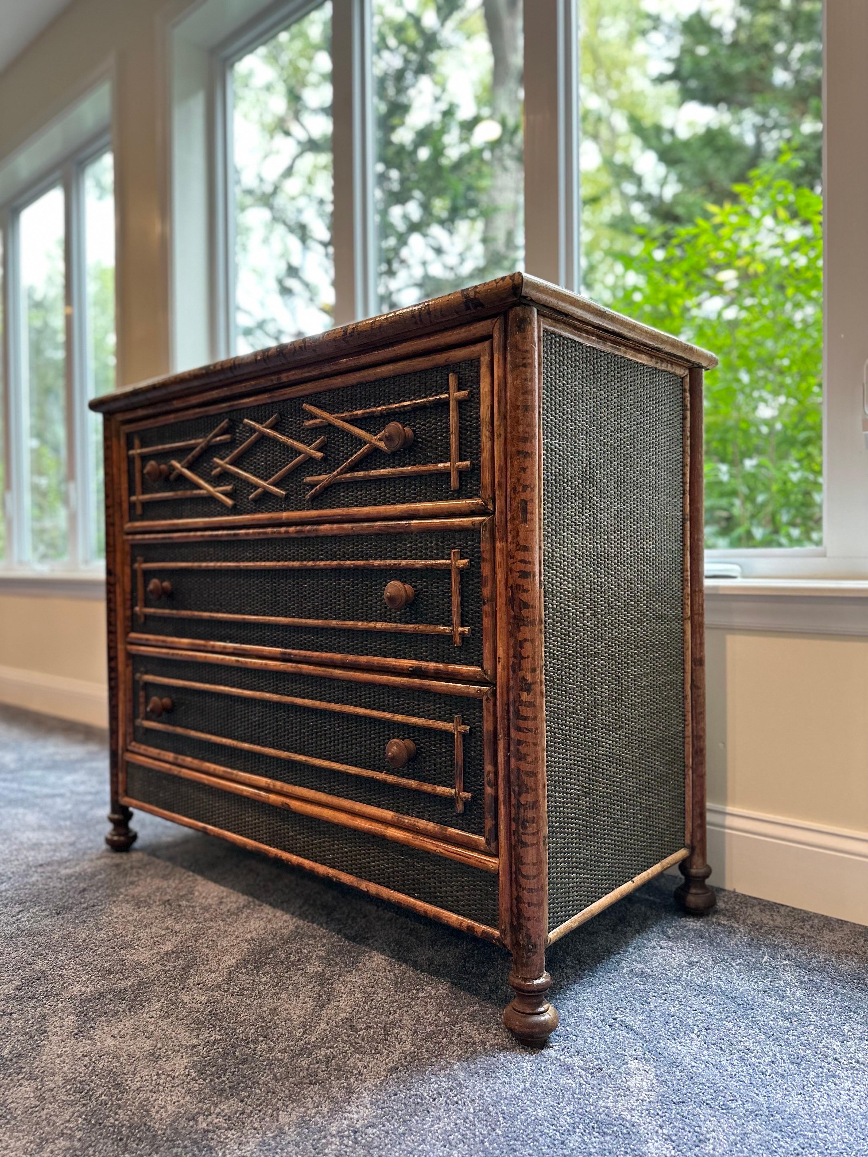 British Colonial Style Burnt Bamboo Dresser Chest  1