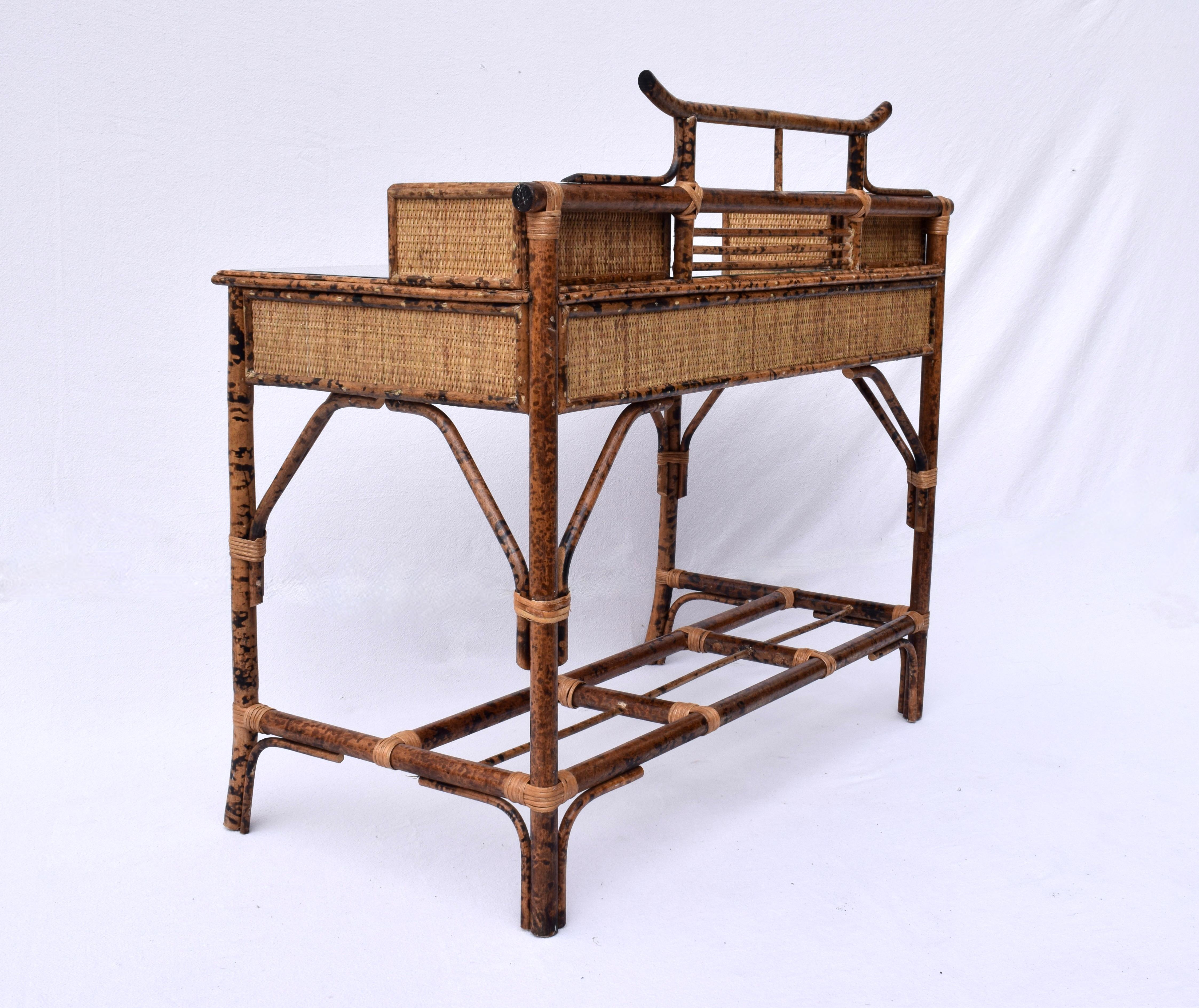 British Colonial Style Burnt Tortoise Bamboo and Grass Cloth Desk Set For Sale 4