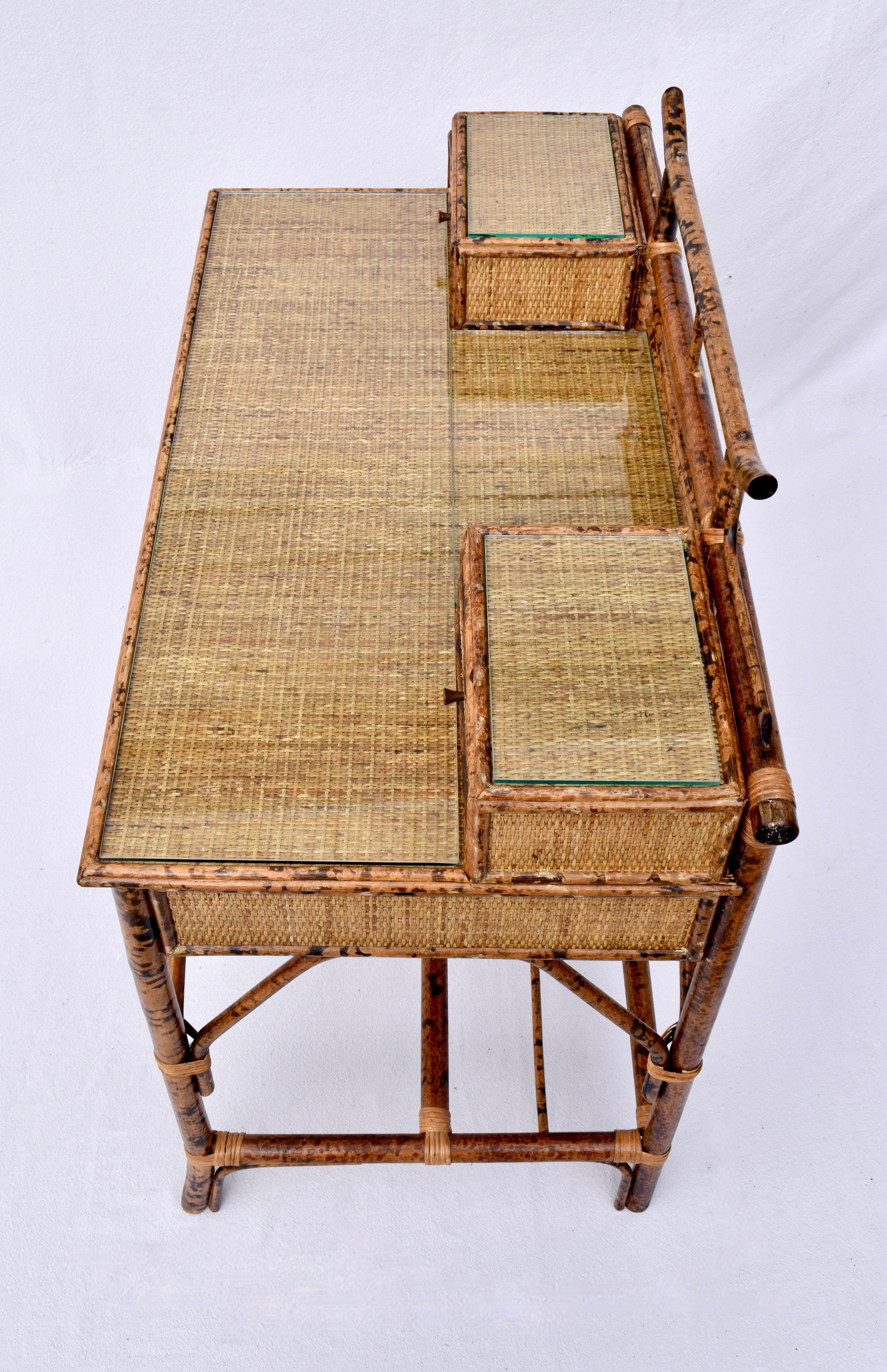 British Colonial Style Burnt Tortoise Bamboo and Grass Cloth Desk Set For Sale 5