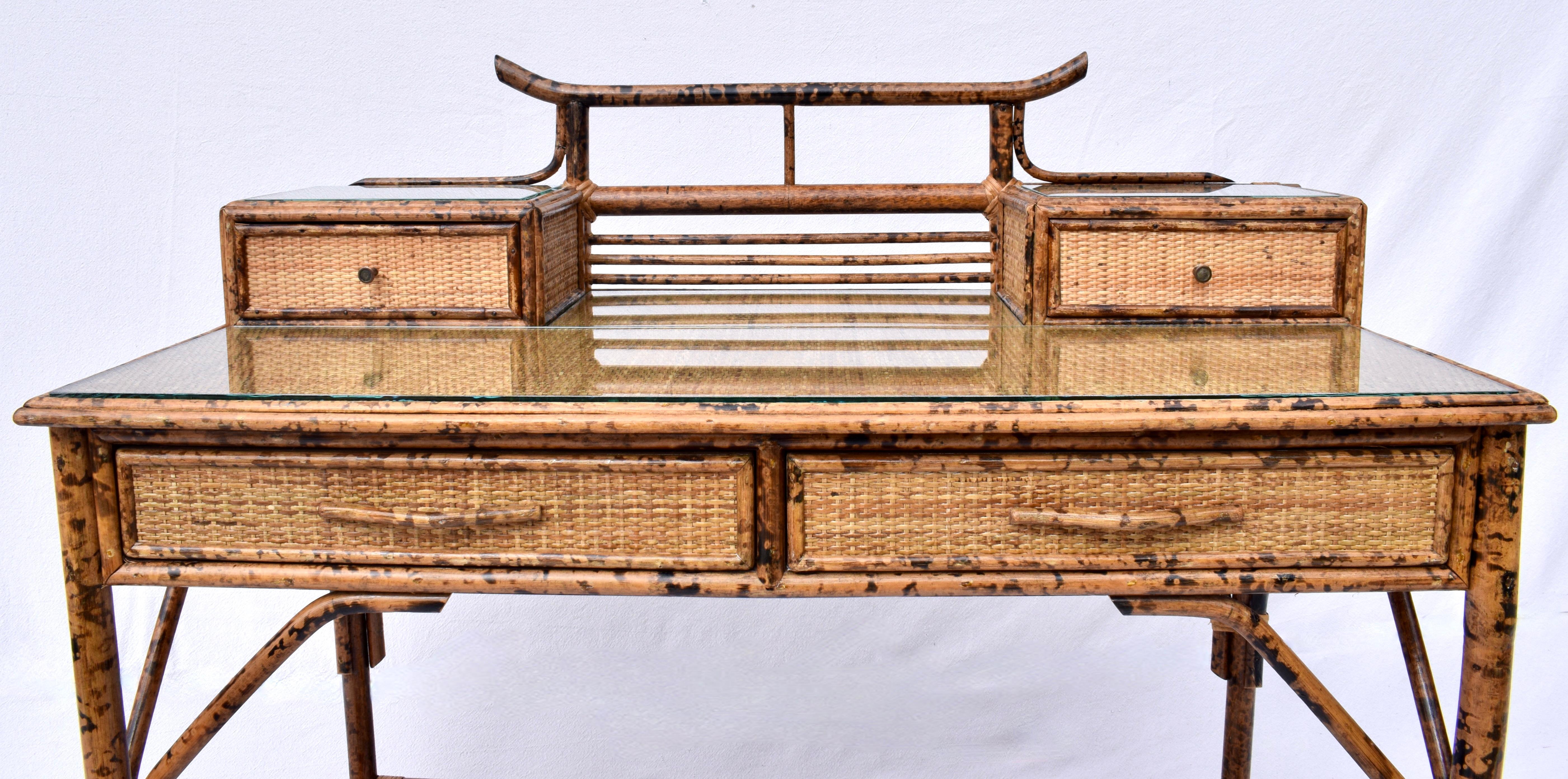 British Colonial Style Burnt Tortoise Bamboo and Grass Cloth Desk Set For Sale 6