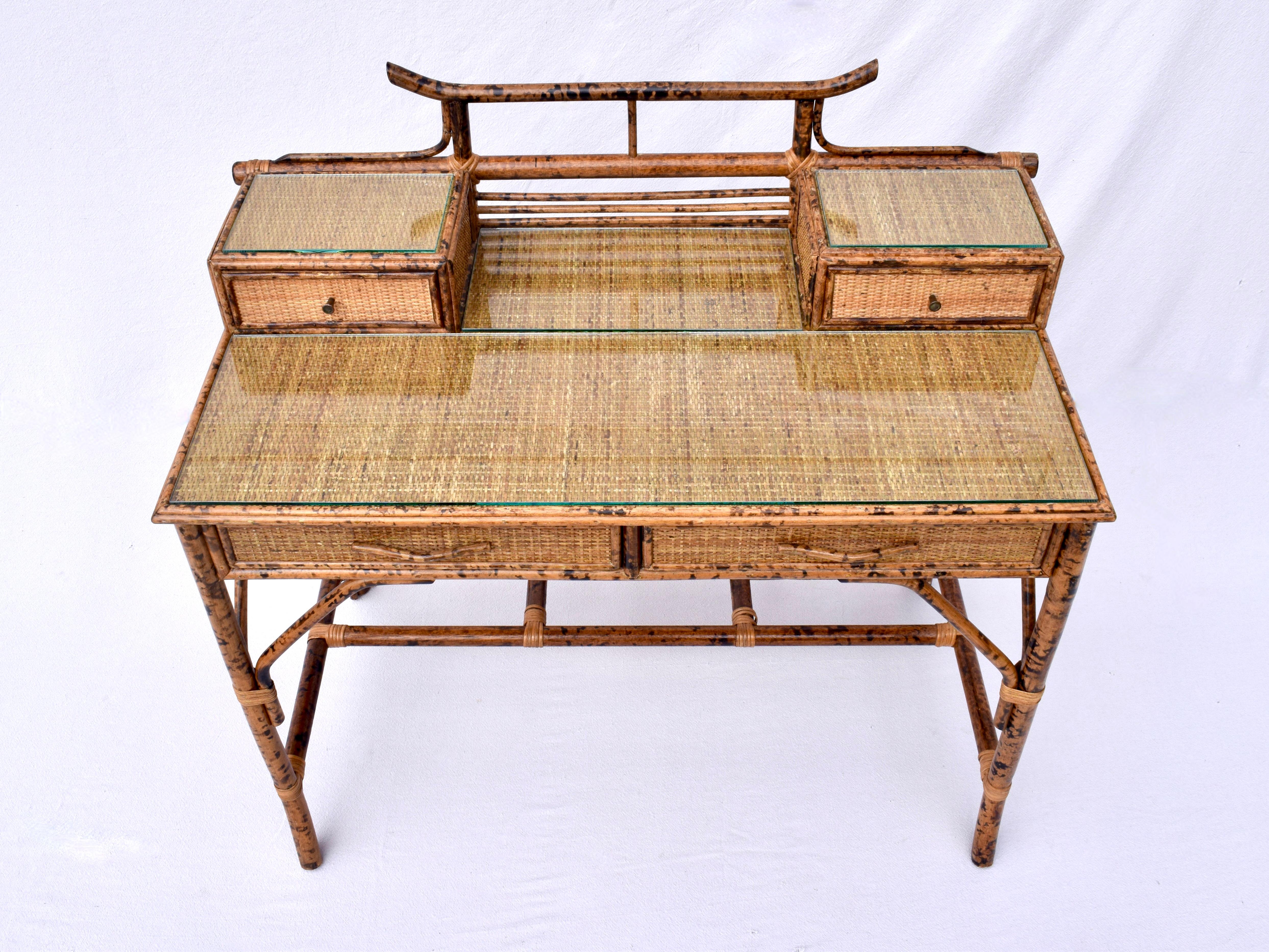 Philippine British Colonial Style Burnt Tortoise Bamboo and Grass Cloth Desk Set For Sale