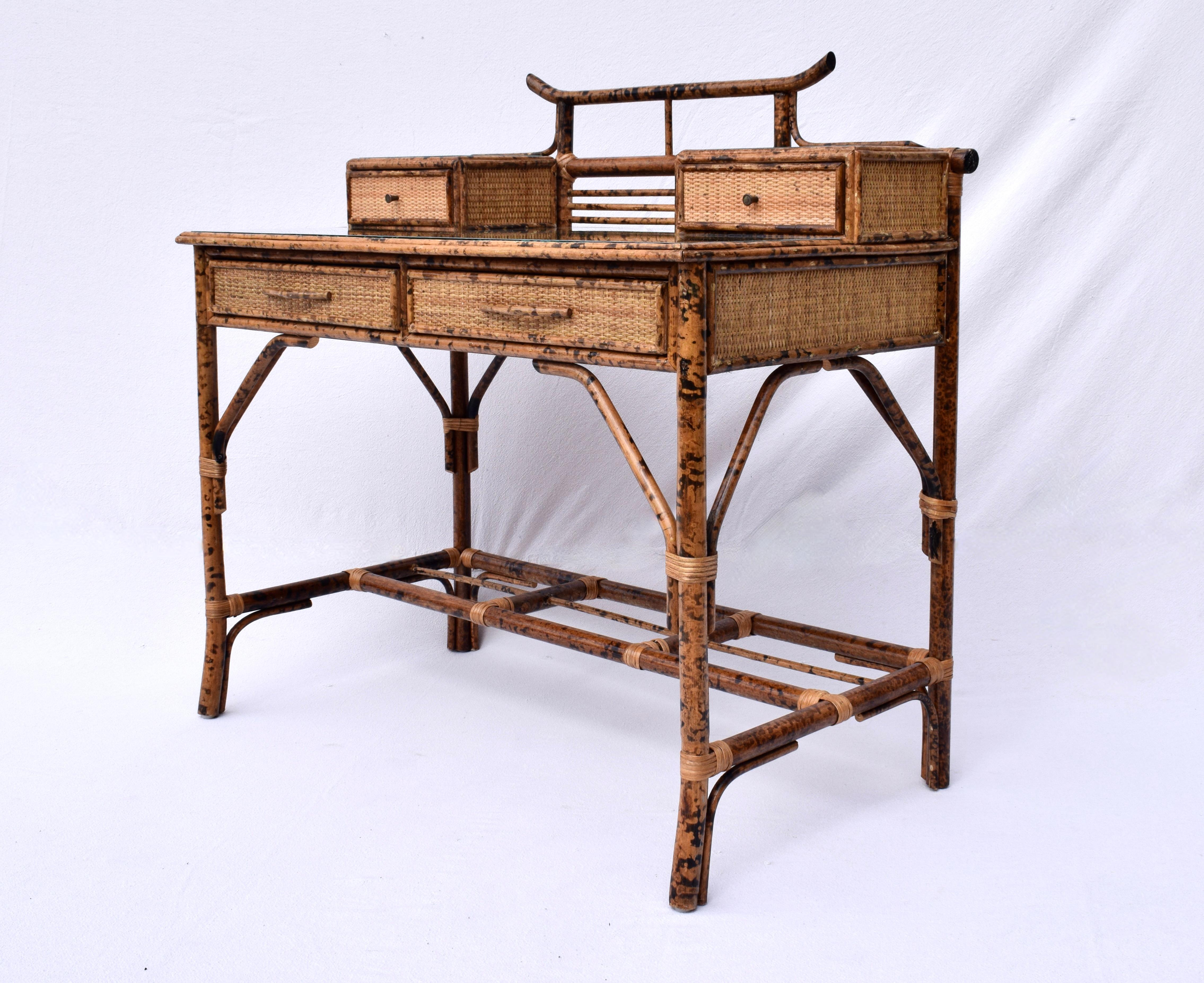 British Colonial Style Burnt Tortoise Bamboo and Grass Cloth Desk Set In Good Condition For Sale In Southampton, NJ