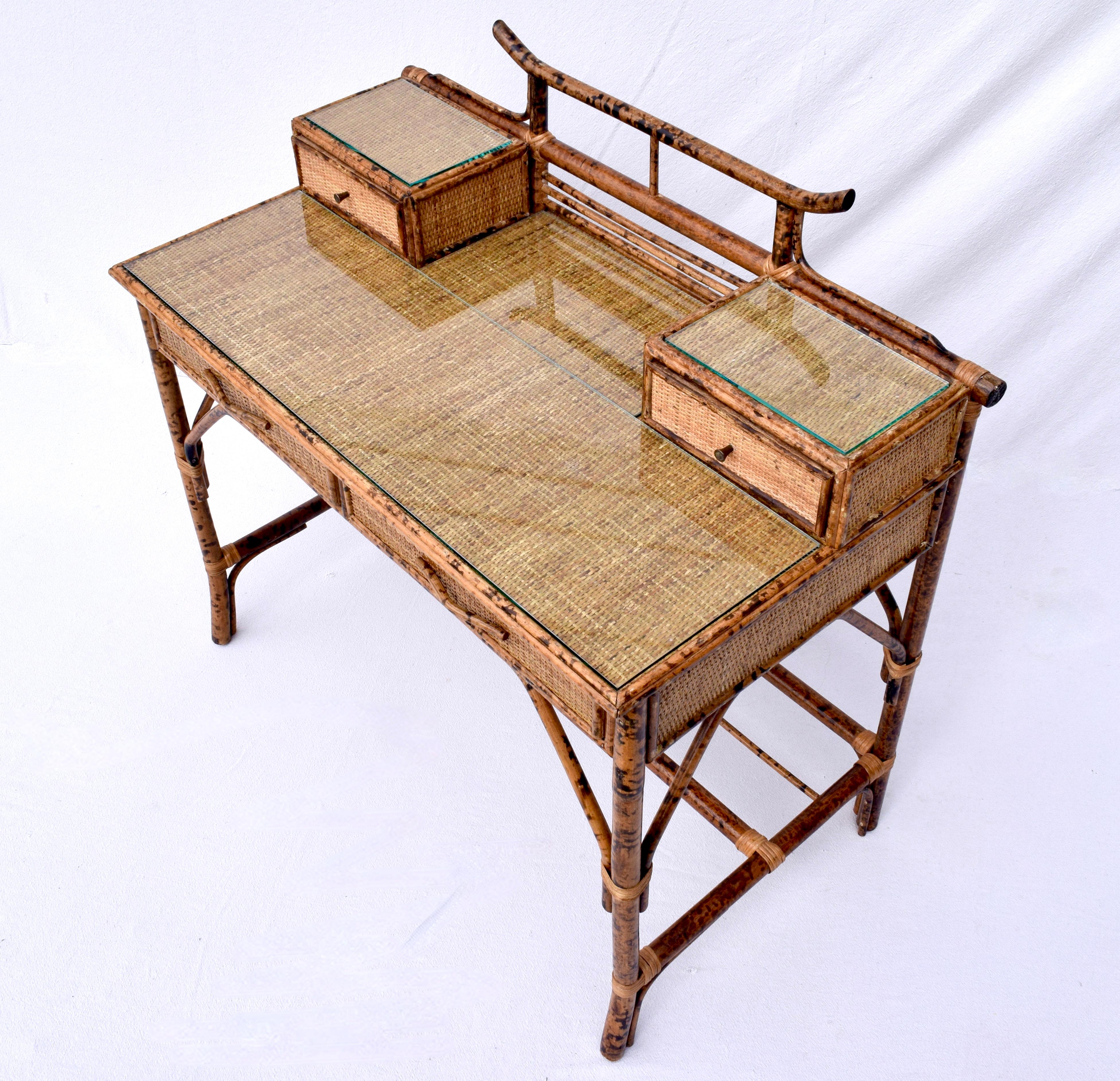 20th Century British Colonial Style Burnt Tortoise Bamboo and Grass Cloth Desk Set For Sale