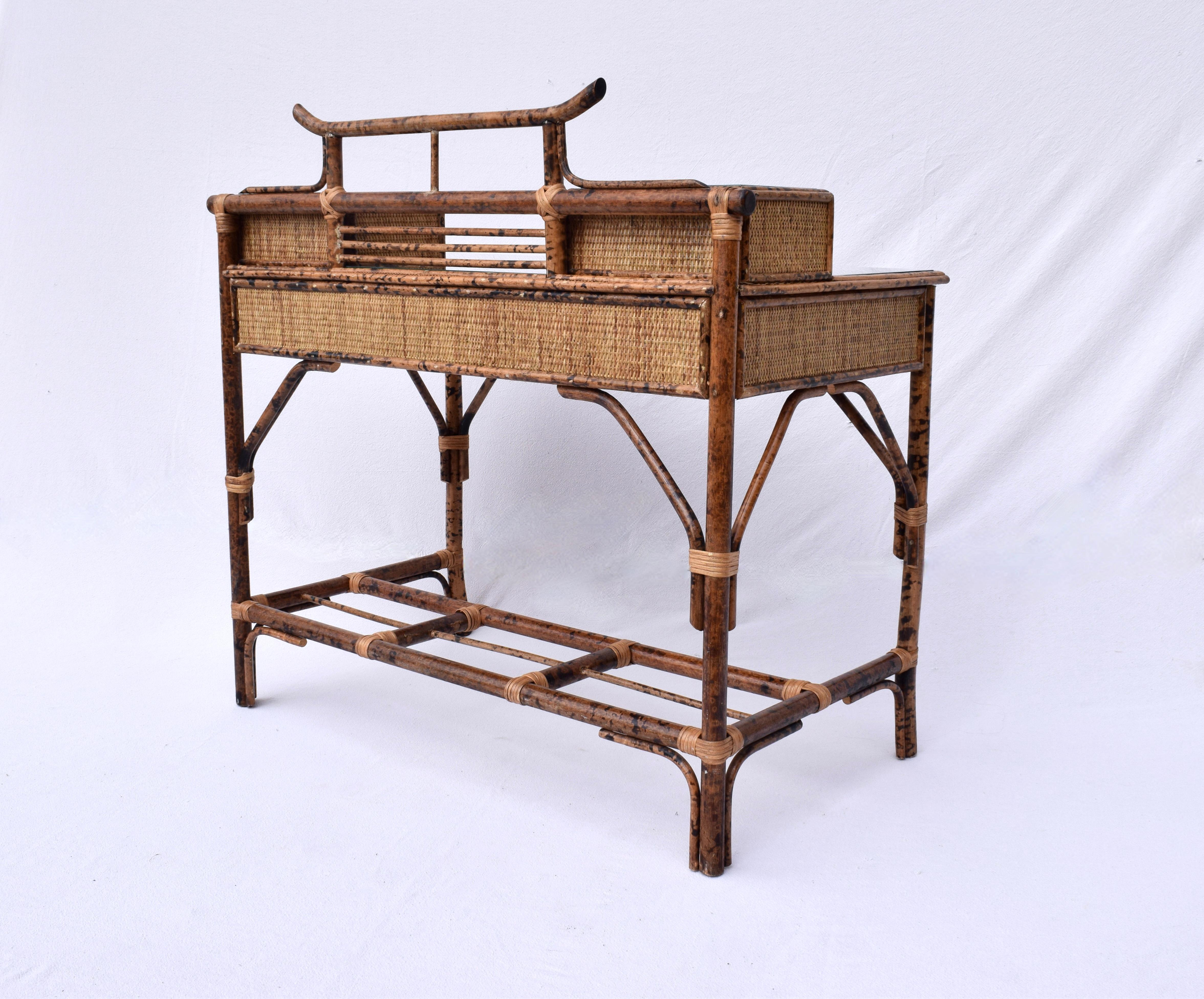British Colonial Style Burnt Tortoise Bamboo and Grass Cloth Desk Set For Sale 2