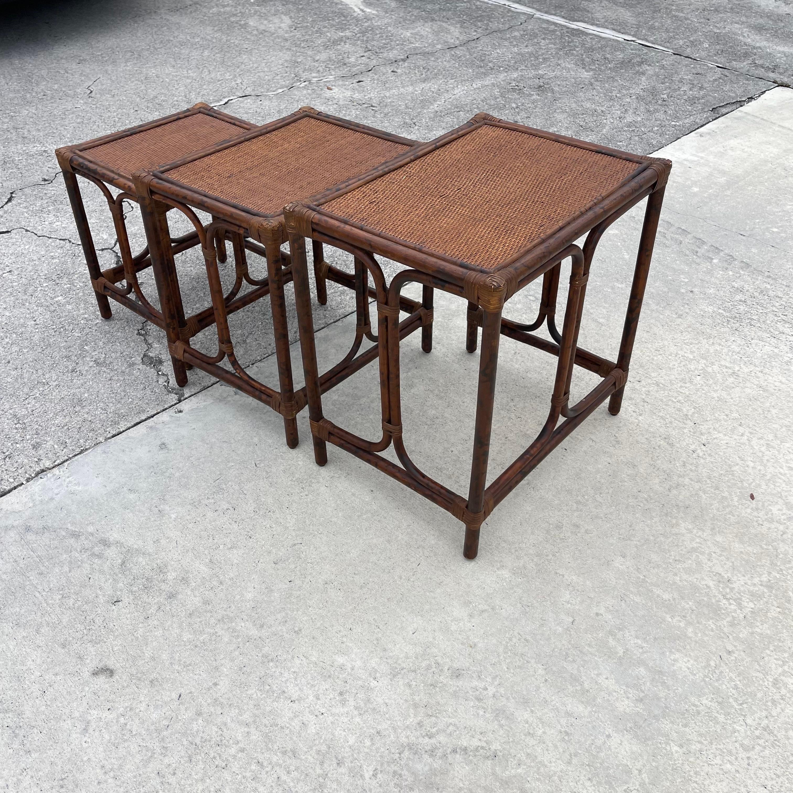 British Colonial Style Burnt Tortoise Rattan Bamboo Nesting Side Tables, Set 3 6